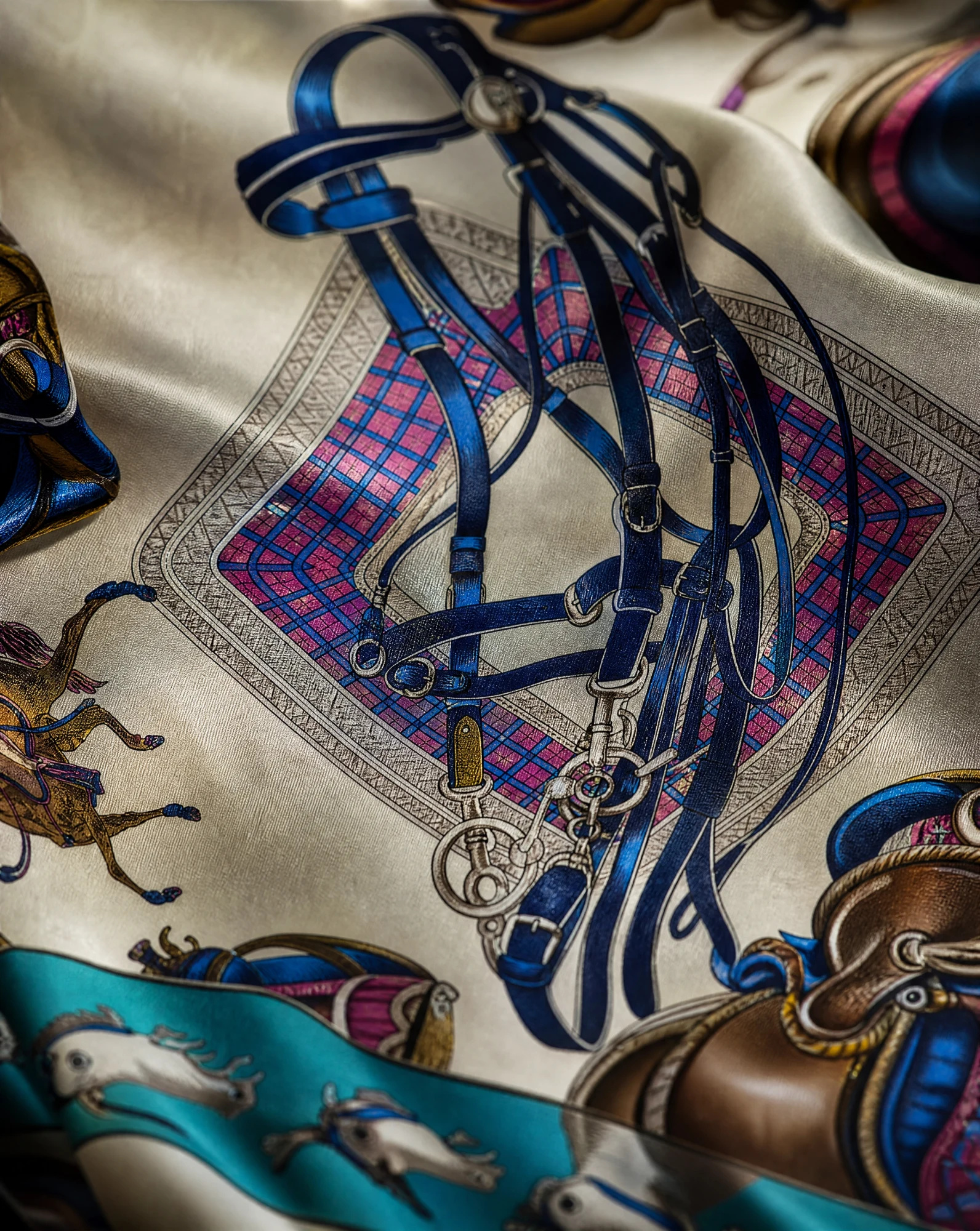 The Imperial Equestrian Silk Twill Foulard Scarf — Turquoise Teal Ivory Cream & Royal Navy — accessories — VAUDRE numbered luxury — view 5