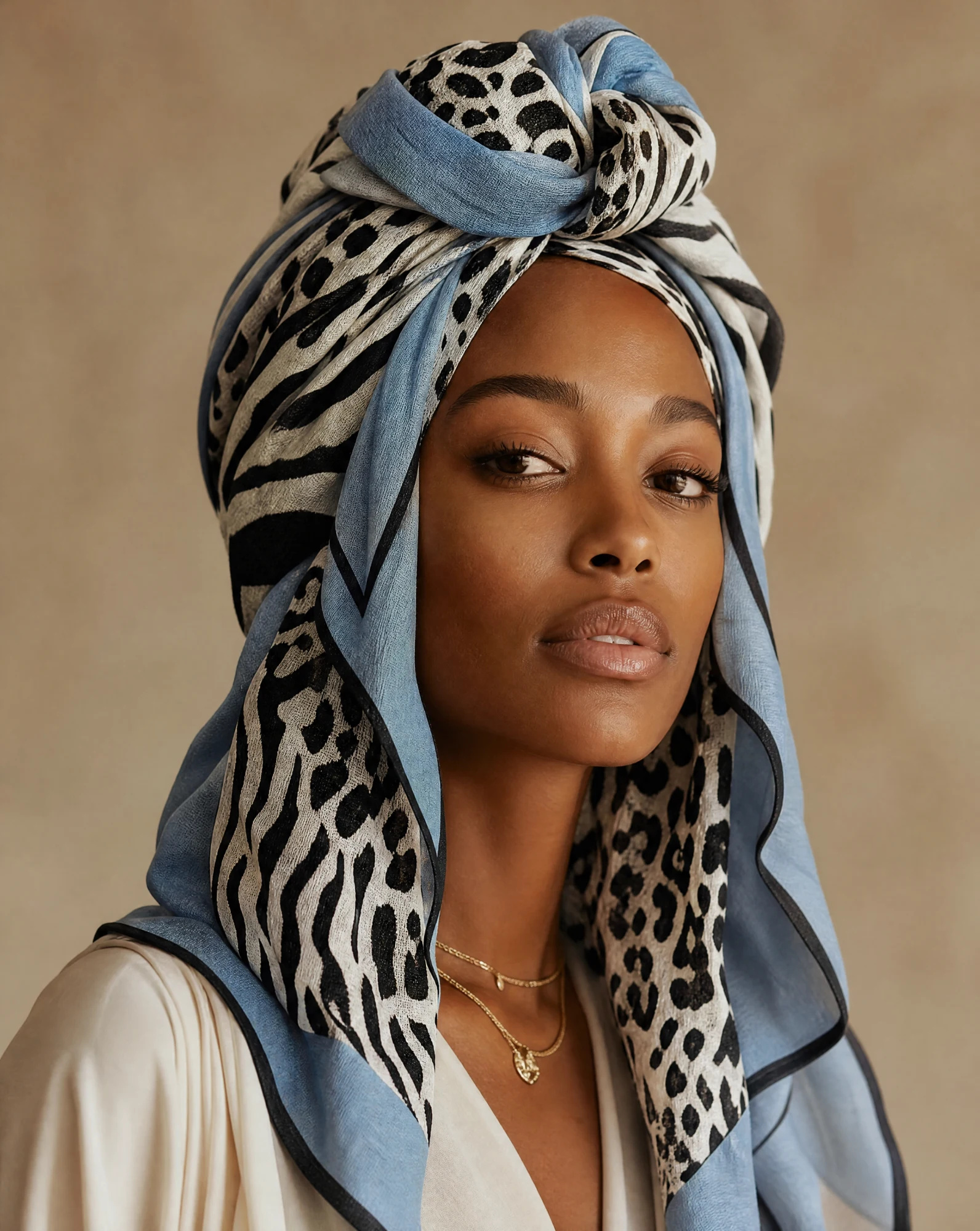The Savanna Zebra & Leopard Silk-Cashmere Scarf — Sky Blue Sand Cream & Graphic Monochrom — accessories — VAUDRE numbered luxury — view 2