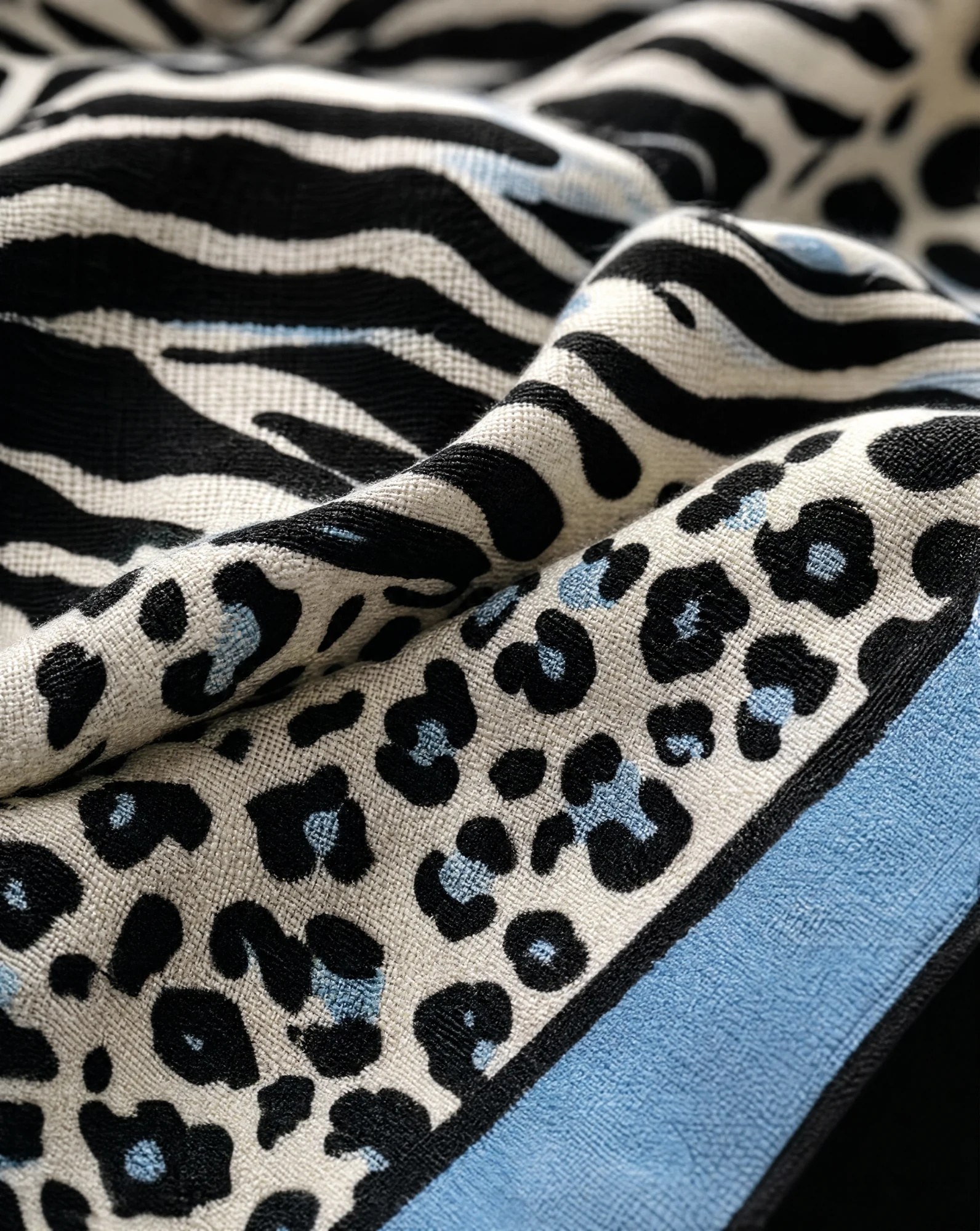 The Savanna Zebra & Leopard Silk-Cashmere Scarf — Sky Blue Sand Cream & Graphic Monochrom — accessories — VAUDRE numbered luxury — view 4