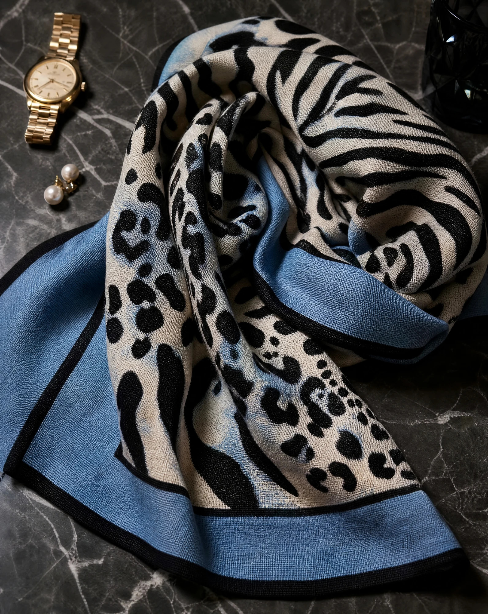 The Savanna Zebra & Leopard Silk-Cashmere Scarf — Sky Blue Sand Cream & Graphic Monochrom — accessories — VAUDRE numbered luxury