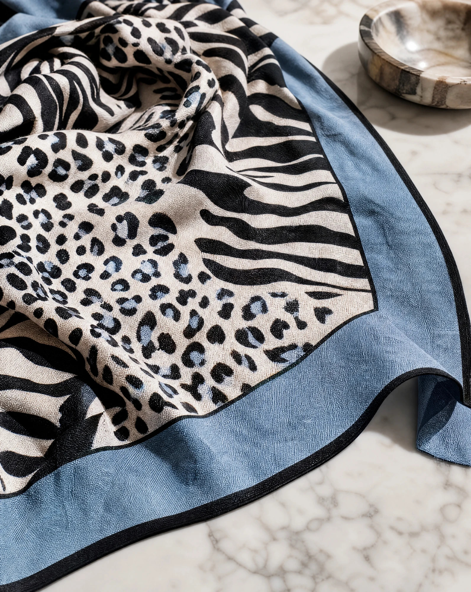 The Savanna Zebra & Leopard Silk-Cashmere Scarf — Sky Blue Sand Cream & Graphic Monochrom — accessories — VAUDRE numbered luxury — view 5