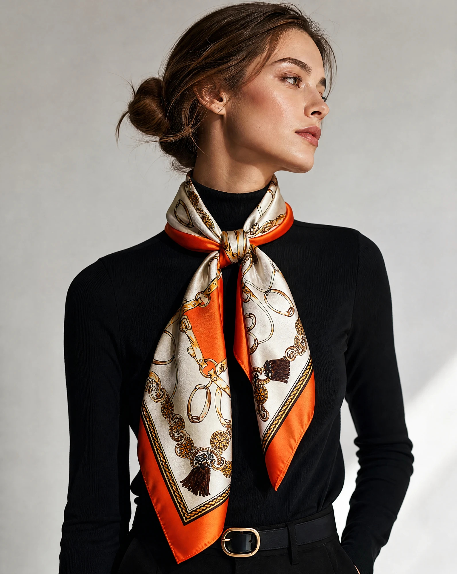 The Sovereign Stirrup & Tassel Silk Foulard Scarf — Hermès Orange Ivory White Antique Gold — accessories — VAUDRE numbered luxury — view 2