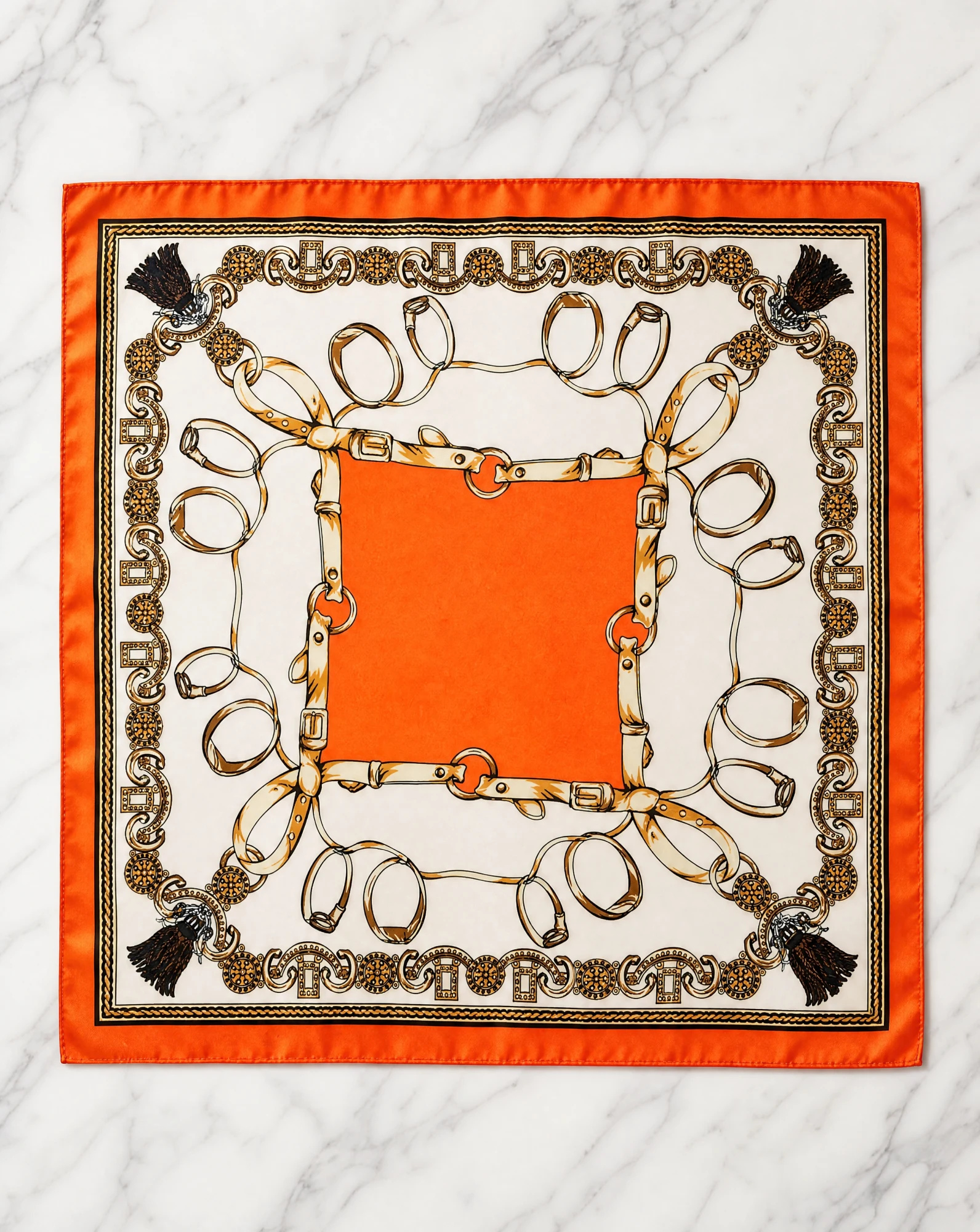 The Sovereign Stirrup & Tassel Silk Foulard Scarf — Hermès Orange Ivory White Antique Gold — accessories — VAUDRE numbered luxury