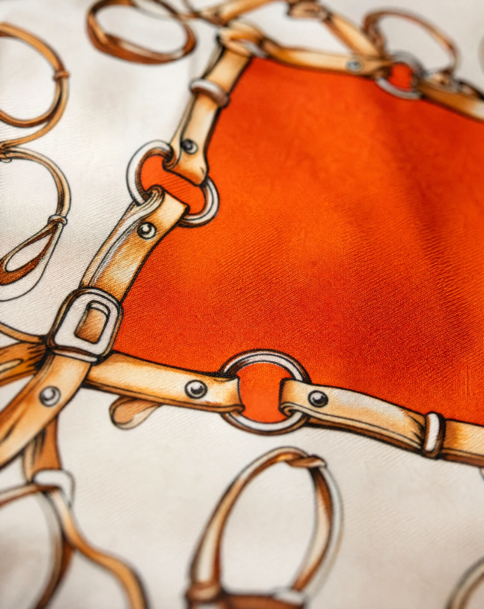 The Sovereign Stirrup & Tassel Silk Foulard Scarf — Hermès Orange Ivory White Antique Gold — accessories — VAUDRE numbered luxury — view 5