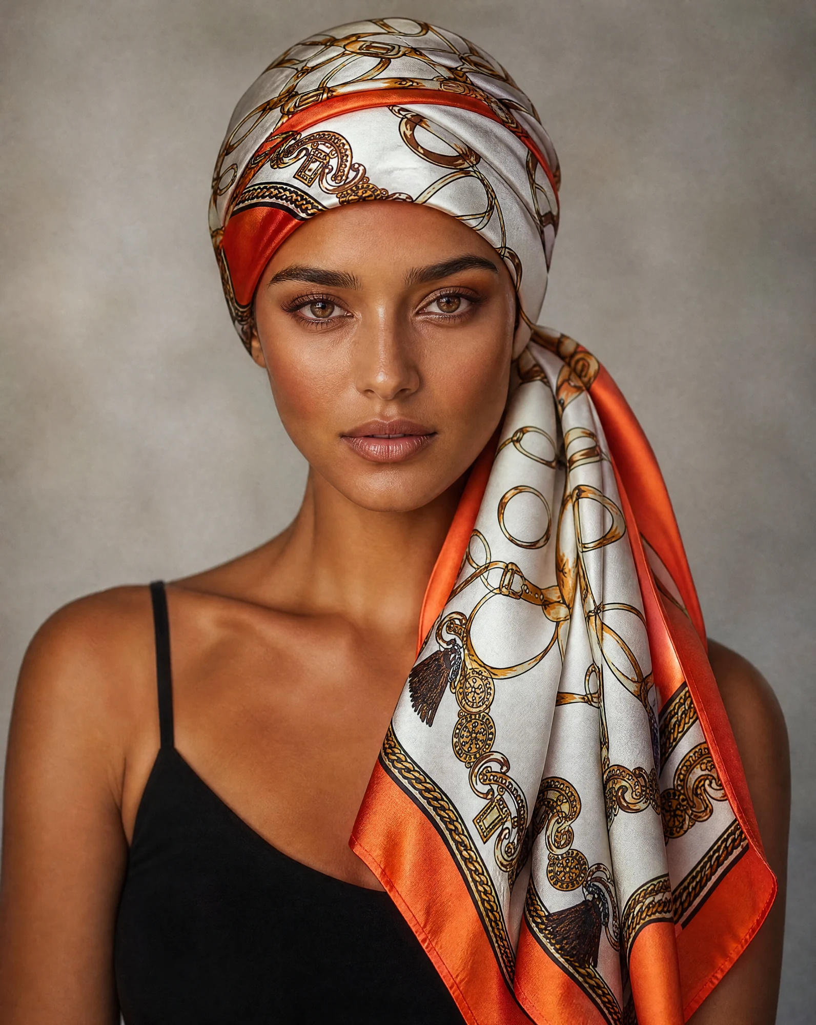 The Sovereign Stirrup & Tassel Silk Foulard Scarf — Hermès Orange Ivory White Antique Gold — accessories — VAUDRE numbered luxury — view 3