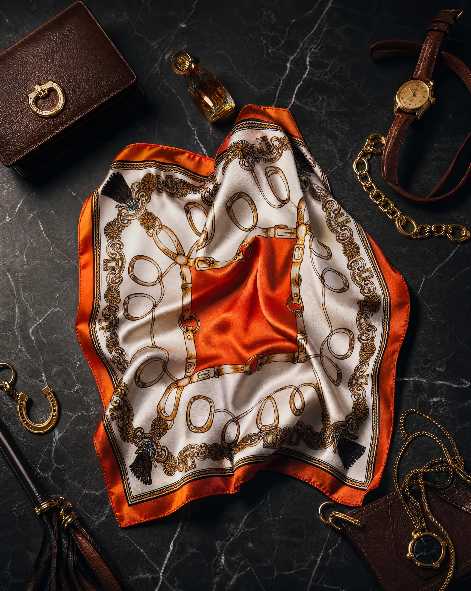 The Sovereign Stirrup & Tassel Silk Foulard Scarf — Hermès Orange Ivory White Antique Gold — accessories — VAUDRE numbered luxury — view 4