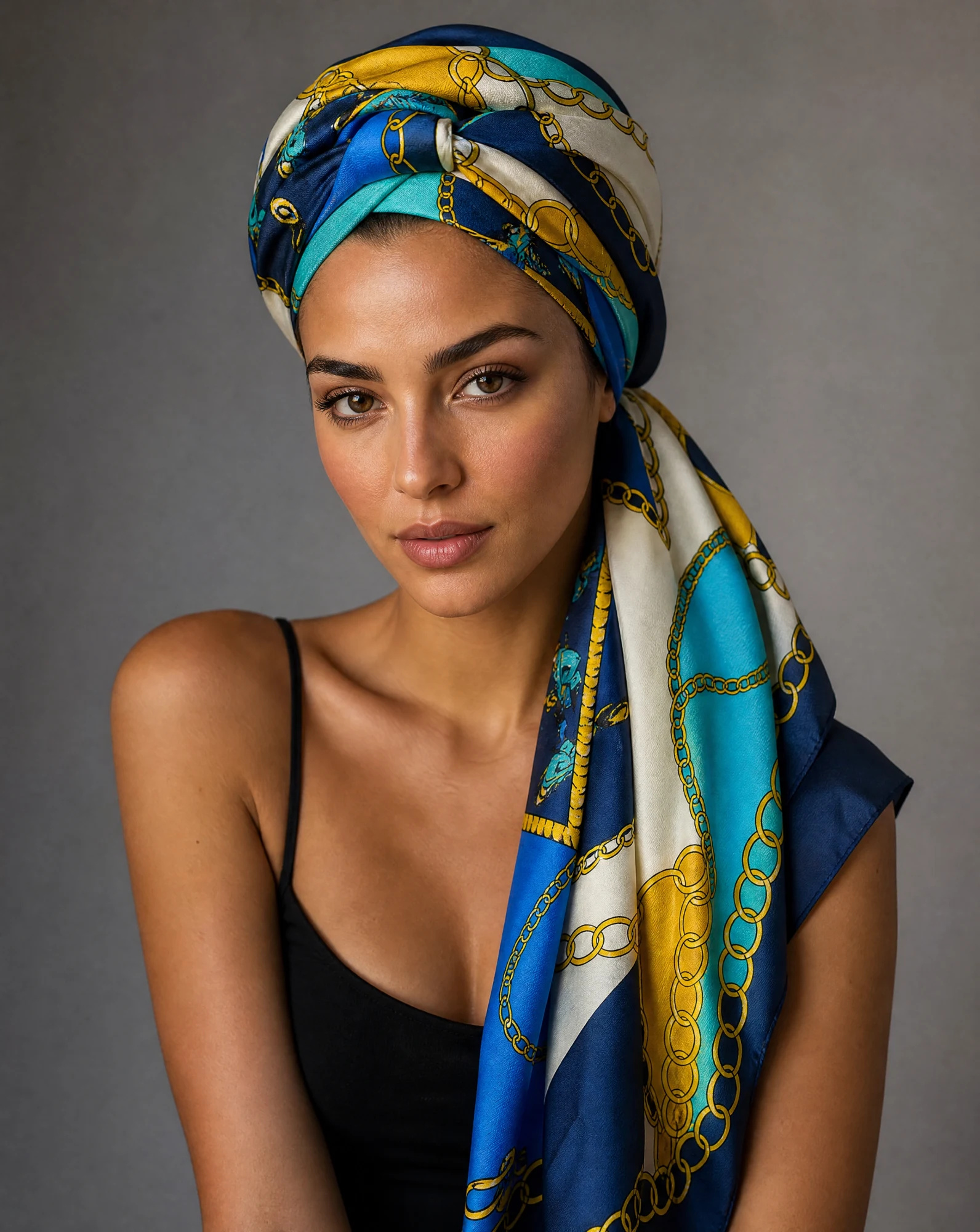 The Grand Tour Persian Silk Twill Scarf — Midnight Navy Mediterranean Cerulean & — accessories — VAUDRE numbered luxury — view 3