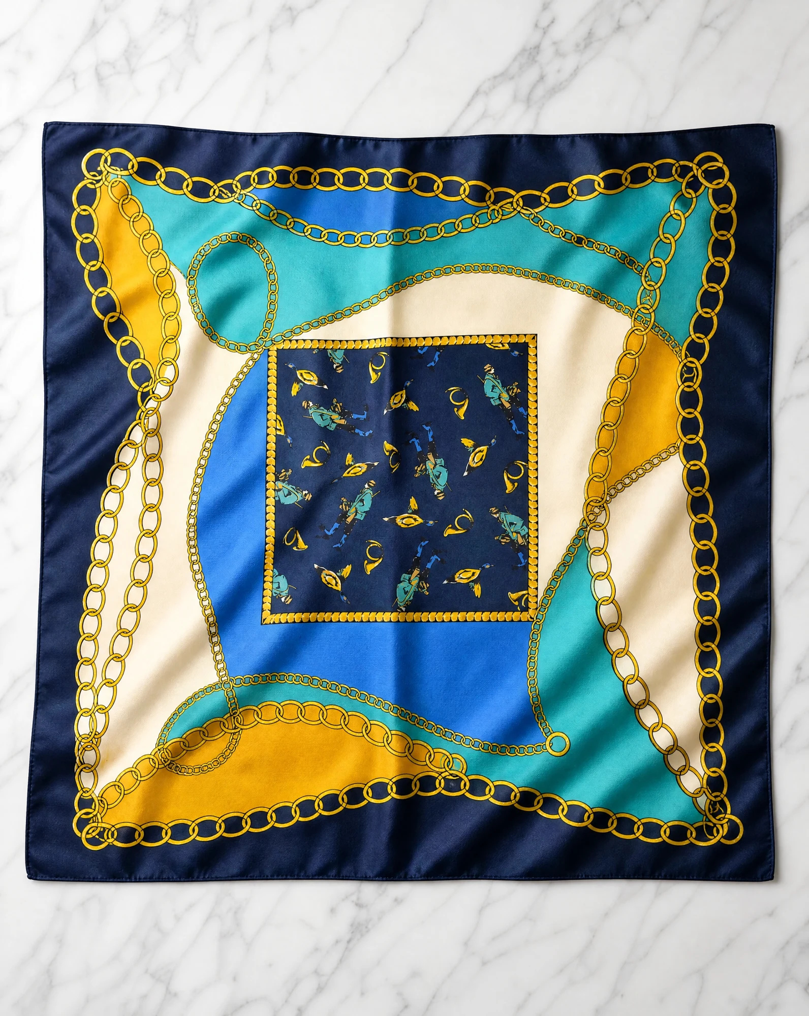 The Grand Tour Persian Silk Twill Scarf — Midnight Navy Mediterranean Cerulean & — accessories — VAUDRE numbered luxury