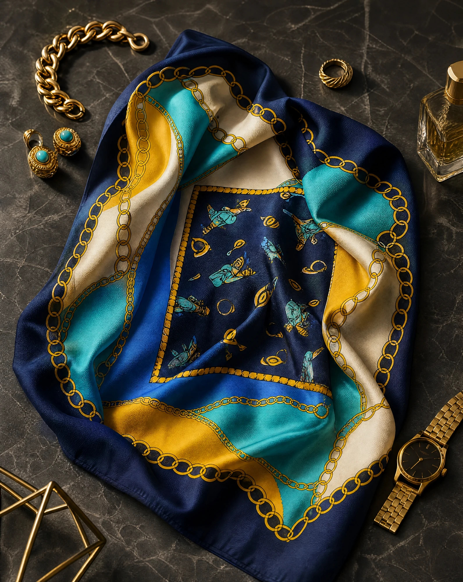 The Grand Tour Persian Silk Twill Scarf — Midnight Navy Mediterranean Cerulean & — accessories — VAUDRE numbered luxury — view 4