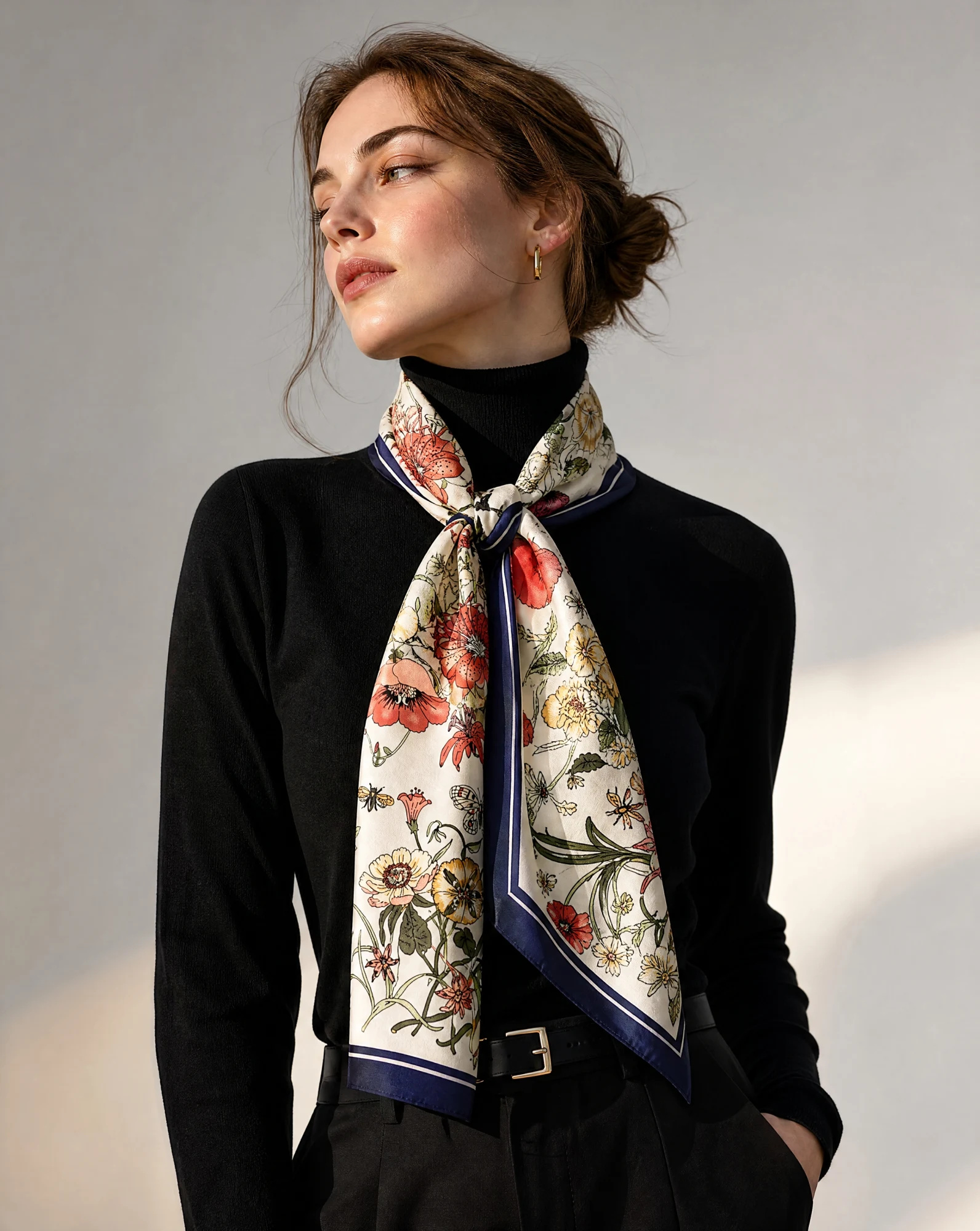 The Botanical Flora & Fauna Silk Twill Scarf — Ivory Cream Coral Poppy Sunflower Yell — accessories — VAUDRE numbered luxury — view 2