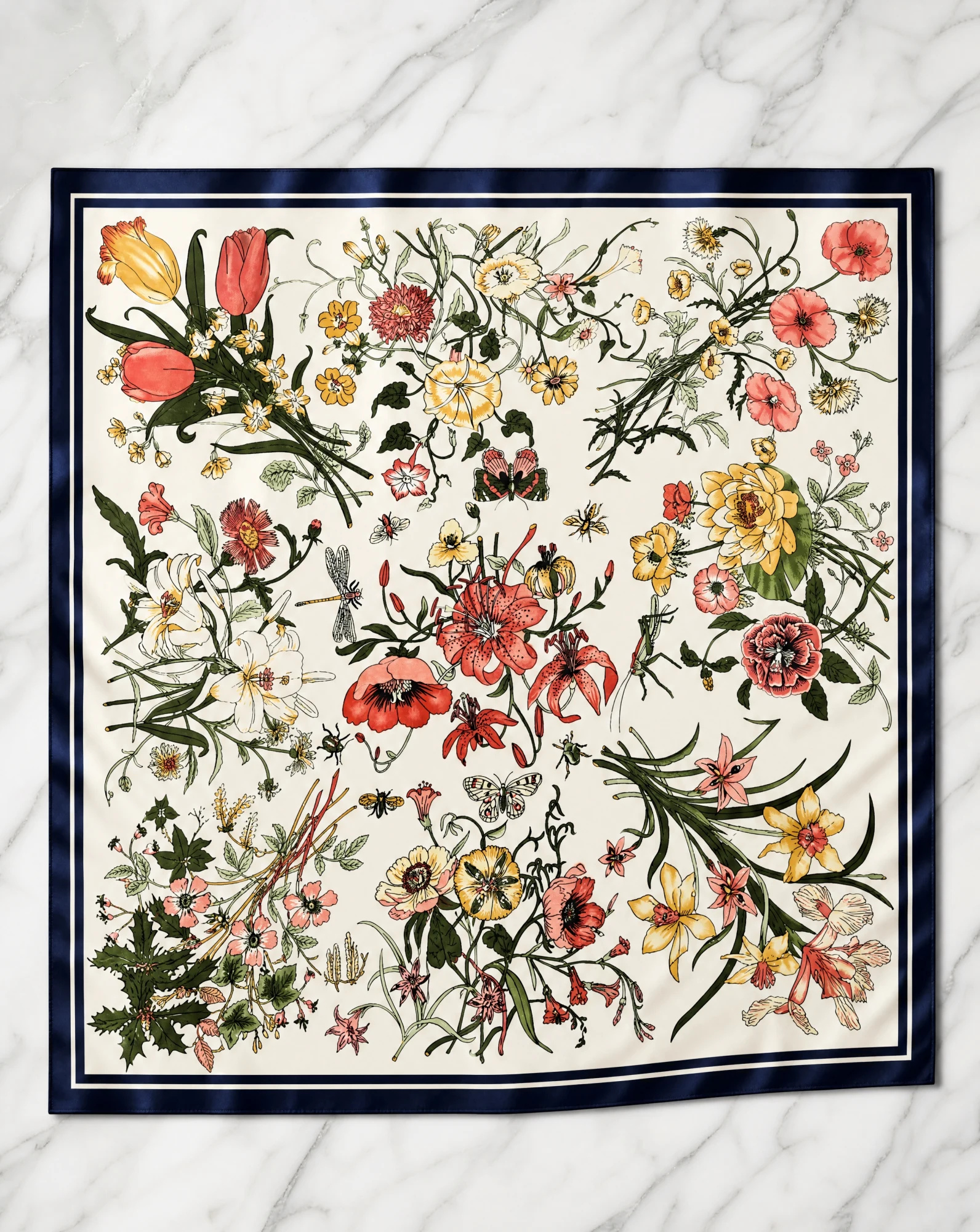 The Botanical Flora & Fauna Silk Twill Scarf — Ivory Cream Coral Poppy Sunflower Yell — accessories — VAUDRE numbered luxury