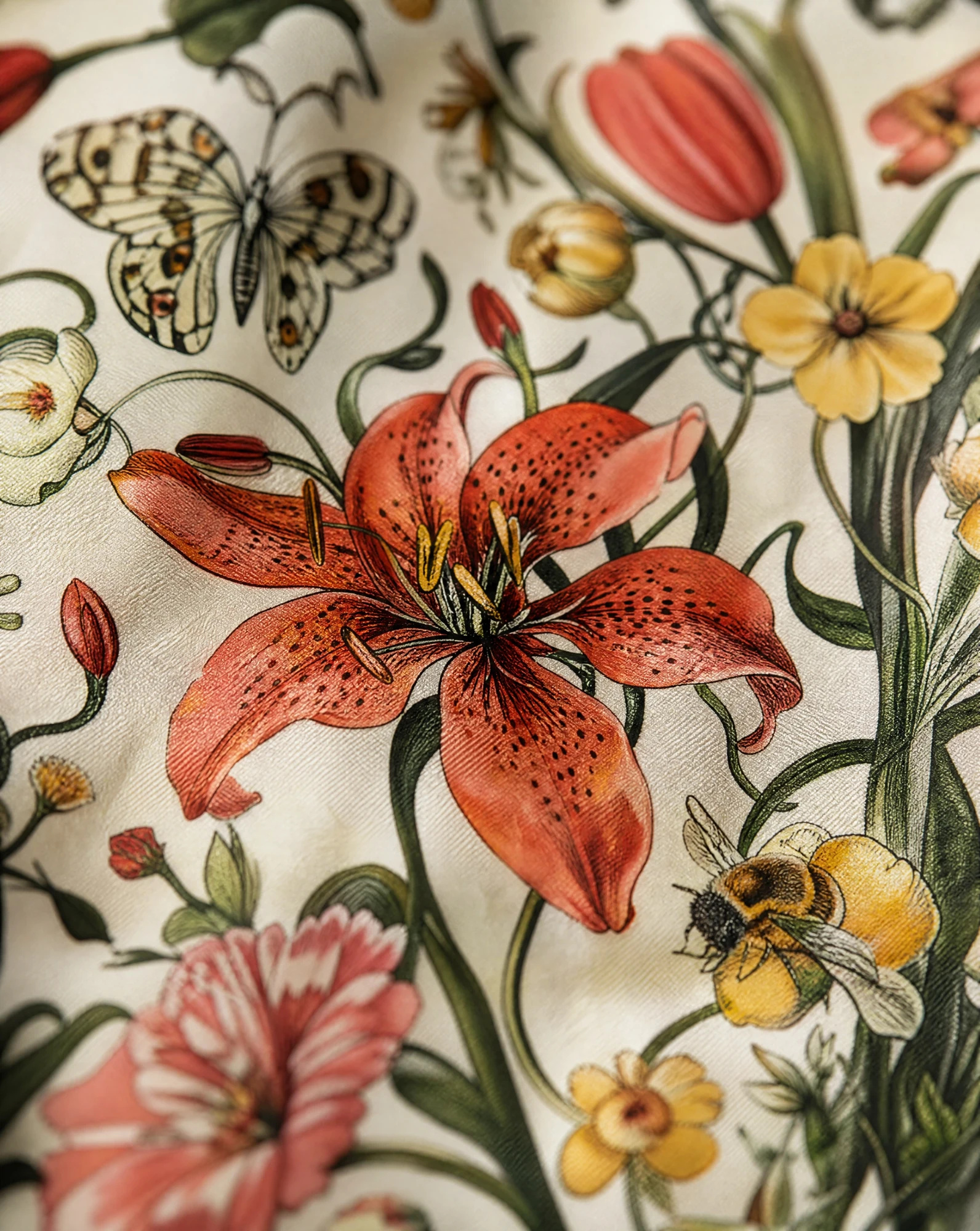 The Botanical Flora & Fauna Silk Twill Scarf — Ivory Cream Coral Poppy Sunflower Yell — accessories — VAUDRE numbered luxury — view 5