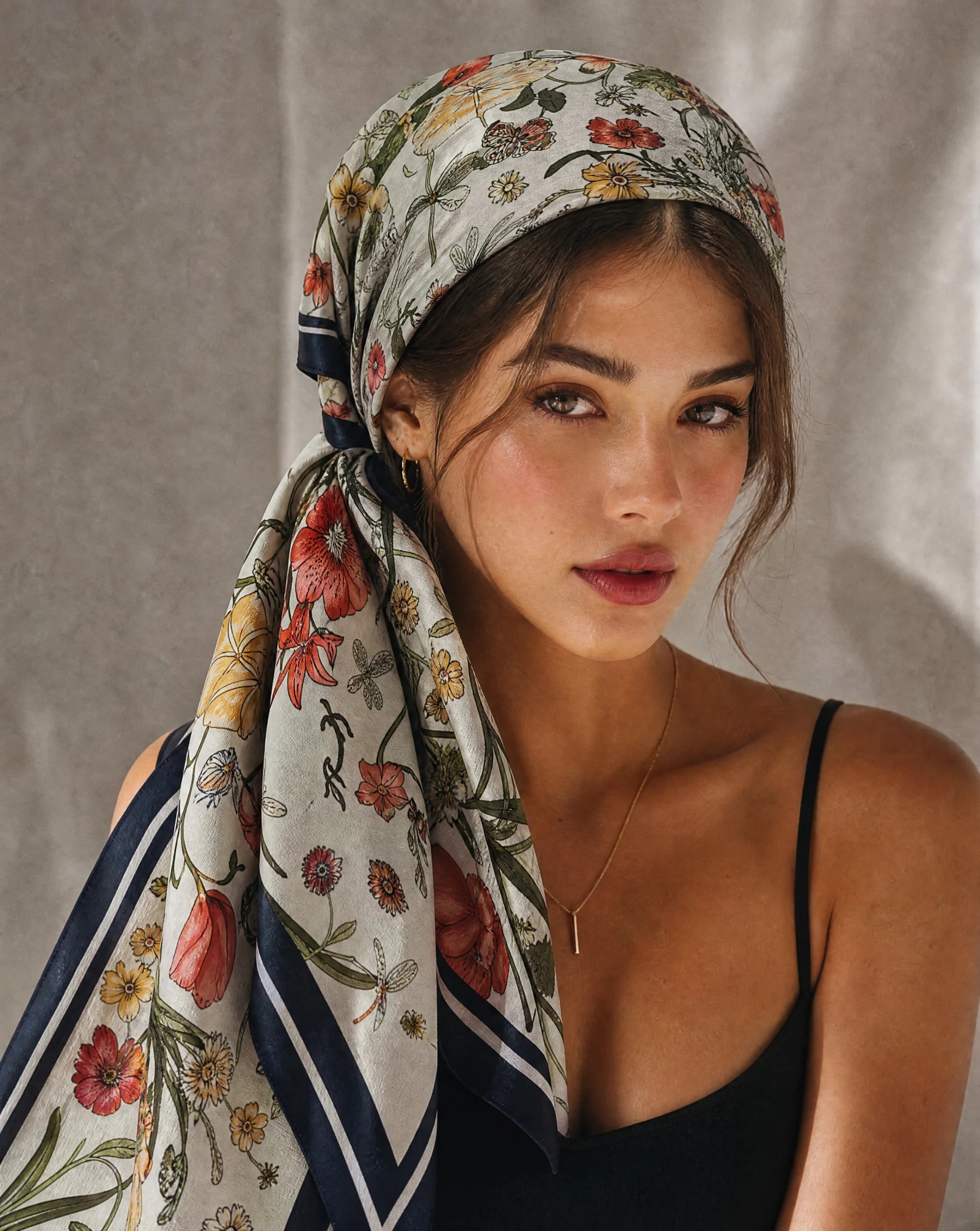 The Botanical Flora & Fauna Silk Twill Scarf — Ivory Cream Coral Poppy Sunflower Yell — accessories — VAUDRE numbered luxury — view 3