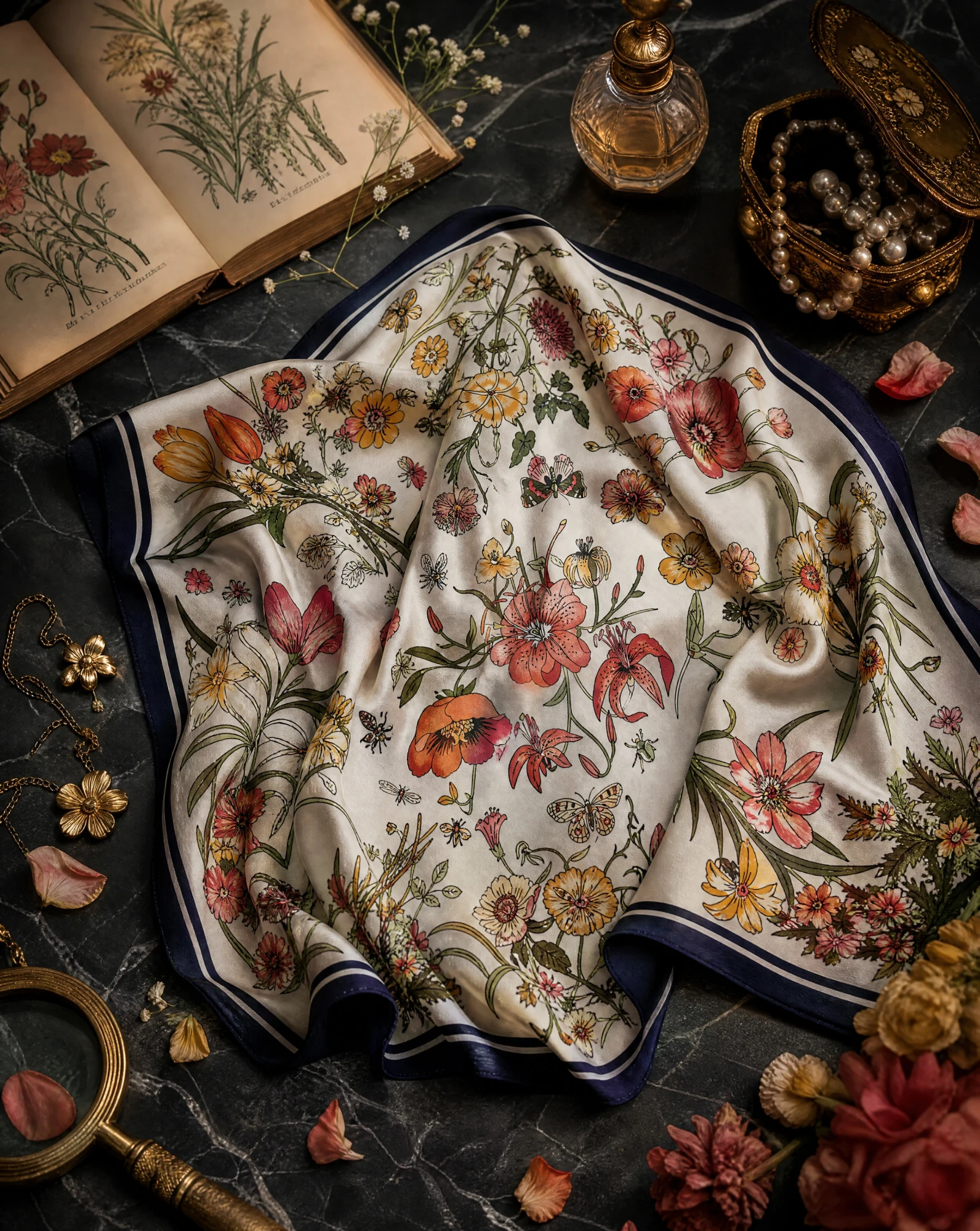The Botanical Flora & Fauna Silk Twill Scarf — Ivory Cream Coral Poppy Sunflower Yell — accessories — VAUDRE numbered luxury — view 4