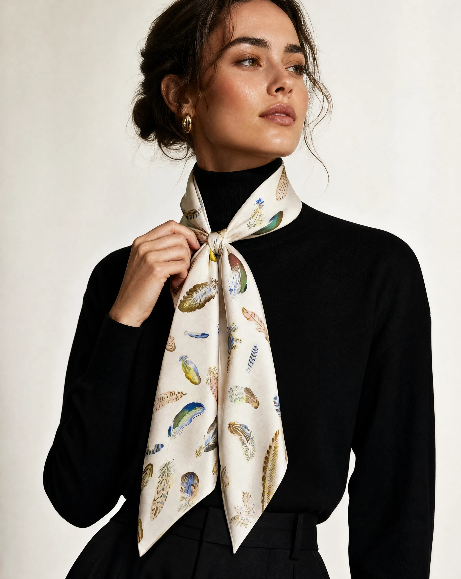 The Plume Heritage Pure Silk Foulard Scarf — Oatmeal Ivory with Emerald Ochre & Ceru — accessories — VAUDRE numbered luxury — view 2