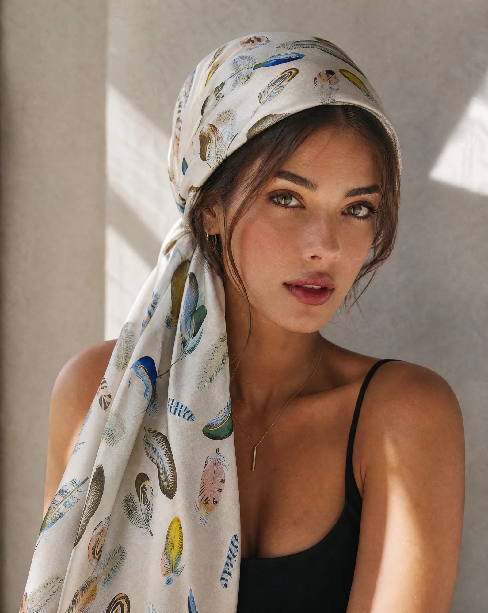 The Plume Heritage Pure Silk Foulard Scarf — Oatmeal Ivory with Emerald Ochre & Ceru — accessories — VAUDRE numbered luxury — view 3