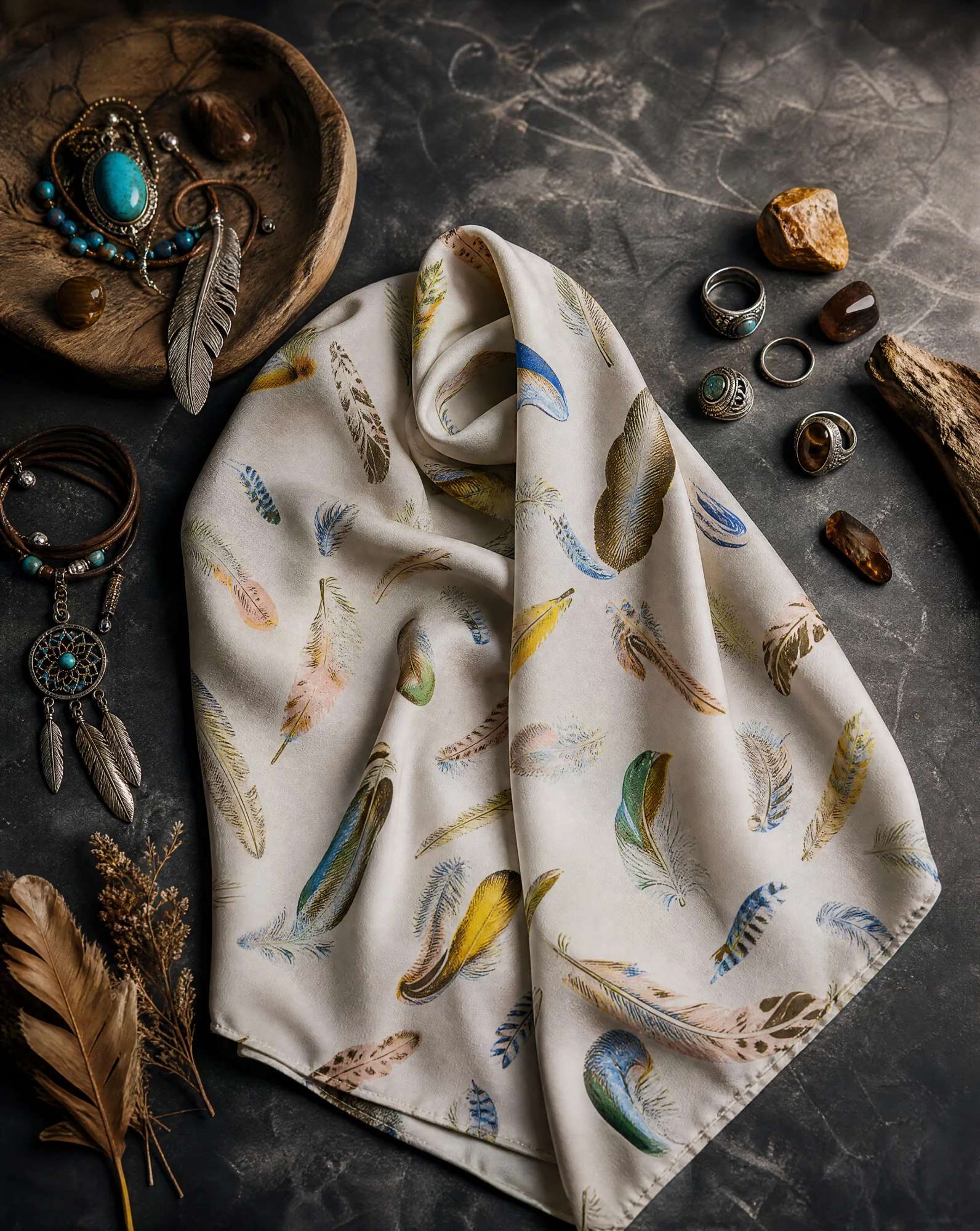 The Plume Heritage Pure Silk Foulard Scarf — Oatmeal Ivory with Emerald Ochre & Ceru — accessories — VAUDRE numbered luxury — view 4