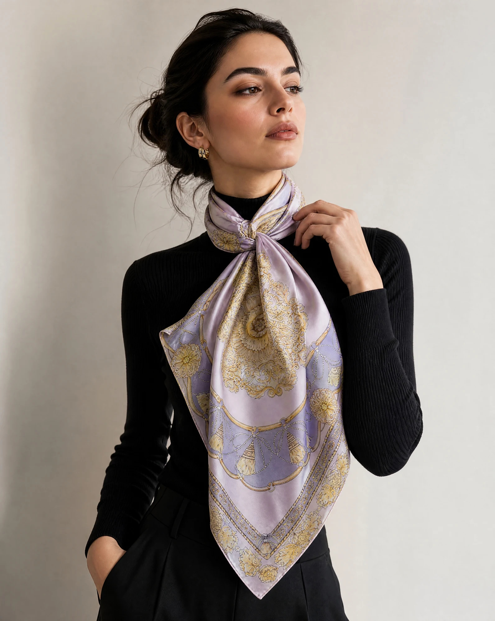 The Lilac Baroque Tassel Silk Twill Foulard Scarf — Soft Lilac Antique Gold & Ivory Baroque — accessories — VAUDRE numbered luxury — view 2