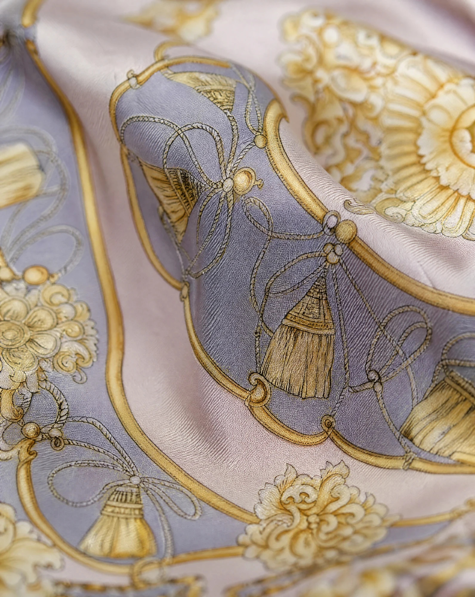 The Lilac Baroque Tassel Silk Twill Foulard Scarf — Soft Lilac Antique Gold & Ivory Baroque — accessories — VAUDRE numbered luxury — view 4