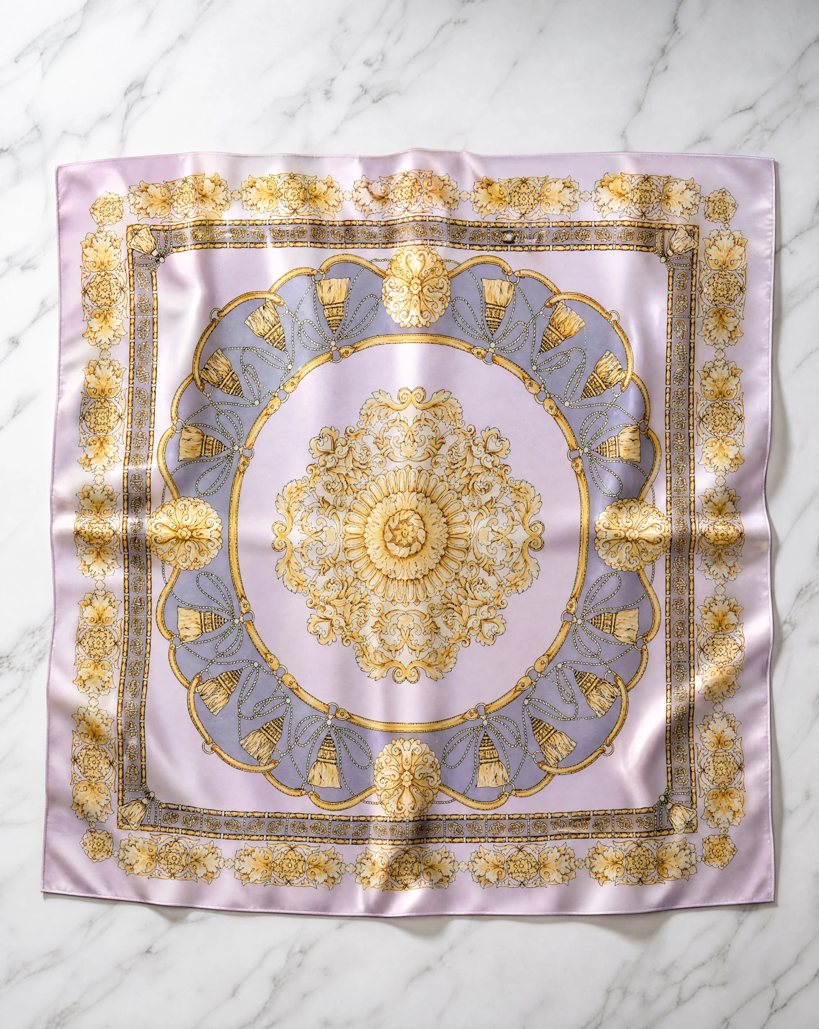 The Lilac Baroque Tassel Silk Twill Foulard Scarf — Soft Lilac Antique Gold & Ivory Baroque — accessories — VAUDRE numbered luxury