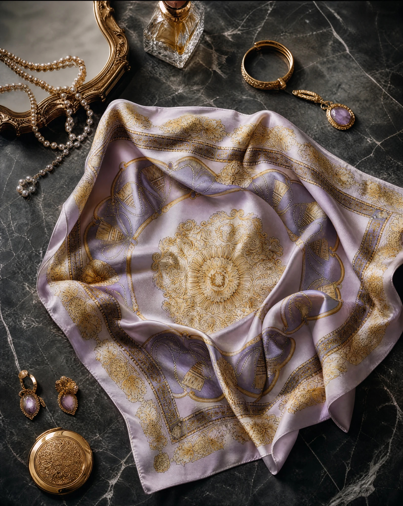 The Lilac Baroque Tassel Silk Twill Foulard Scarf — Soft Lilac Antique Gold & Ivory Baroque — accessories — VAUDRE numbered luxury — view 5