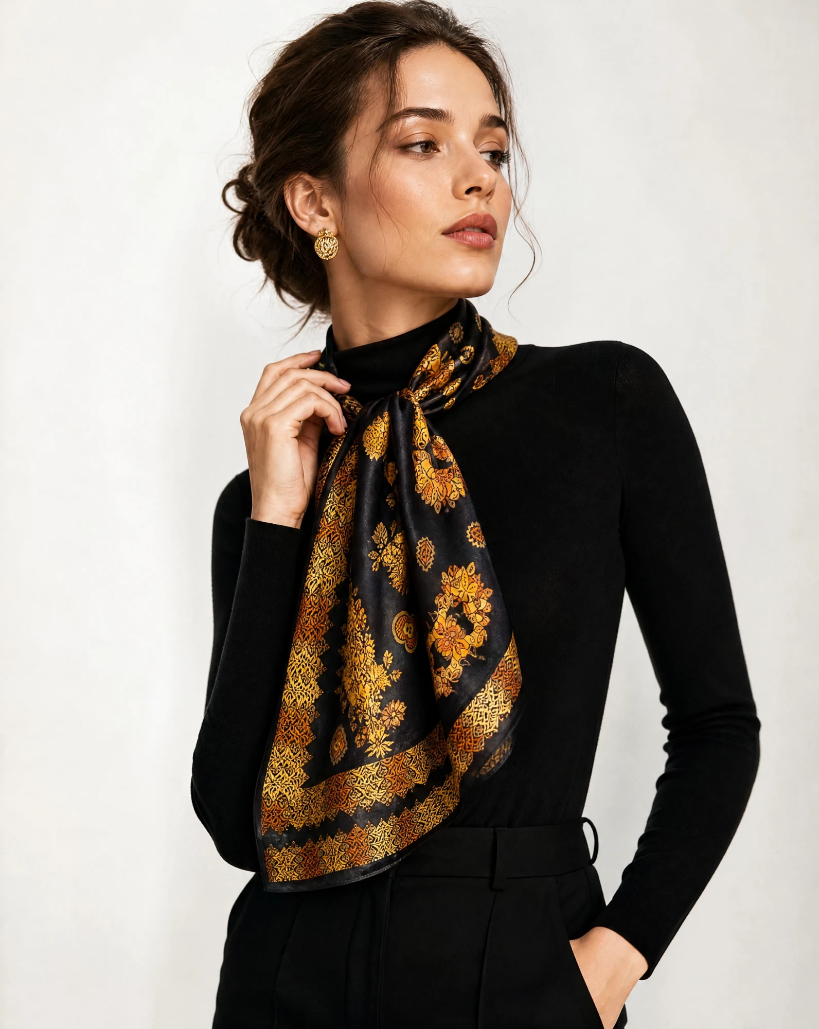 The Nocturne Paisley Gold Silk Foulard Scarf — Midnight Navy Amber Gold & Burnt Orange — accessories — VAUDRE numbered luxury — view 2