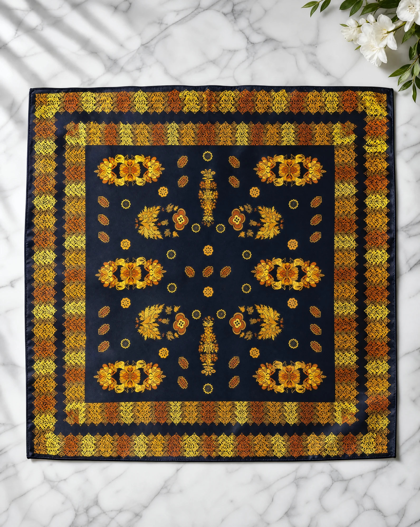 The Nocturne Paisley Gold Silk Foulard Scarf — Midnight Navy Amber Gold & Burnt Orange — accessories — VAUDRE numbered luxury