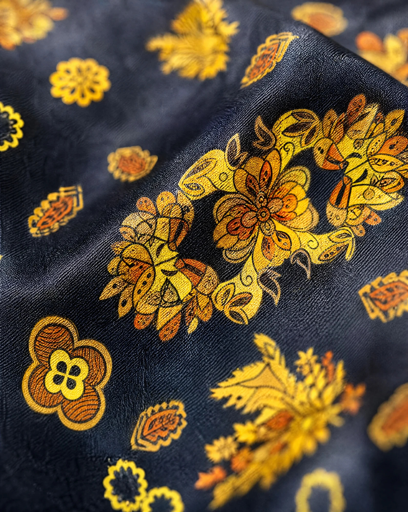 The Nocturne Paisley Gold Silk Foulard Scarf — Midnight Navy Amber Gold & Burnt Orange — accessories — VAUDRE numbered luxury — view 3