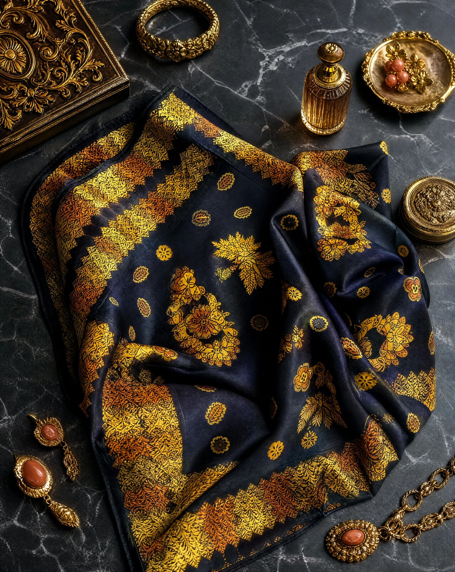 The Nocturne Paisley Gold Silk Foulard Scarf — Midnight Navy Amber Gold & Burnt Orange — accessories — VAUDRE numbered luxury — view 4