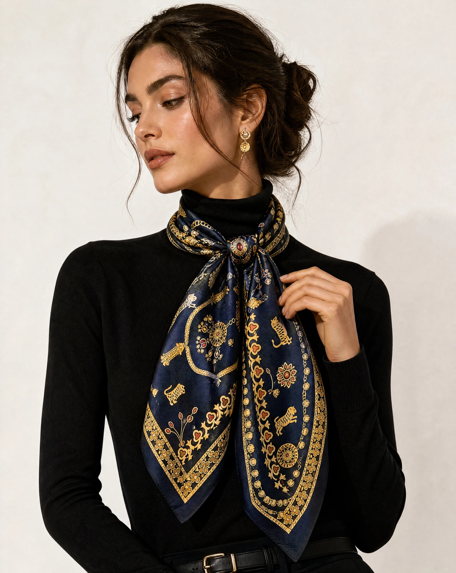 The Regalia Jewel & Tiger Navy Silk Twill Scarf — Deep Navy Antique Gold & Ruby Red Jewel — accessories — VAUDRE numbered luxury — view 2