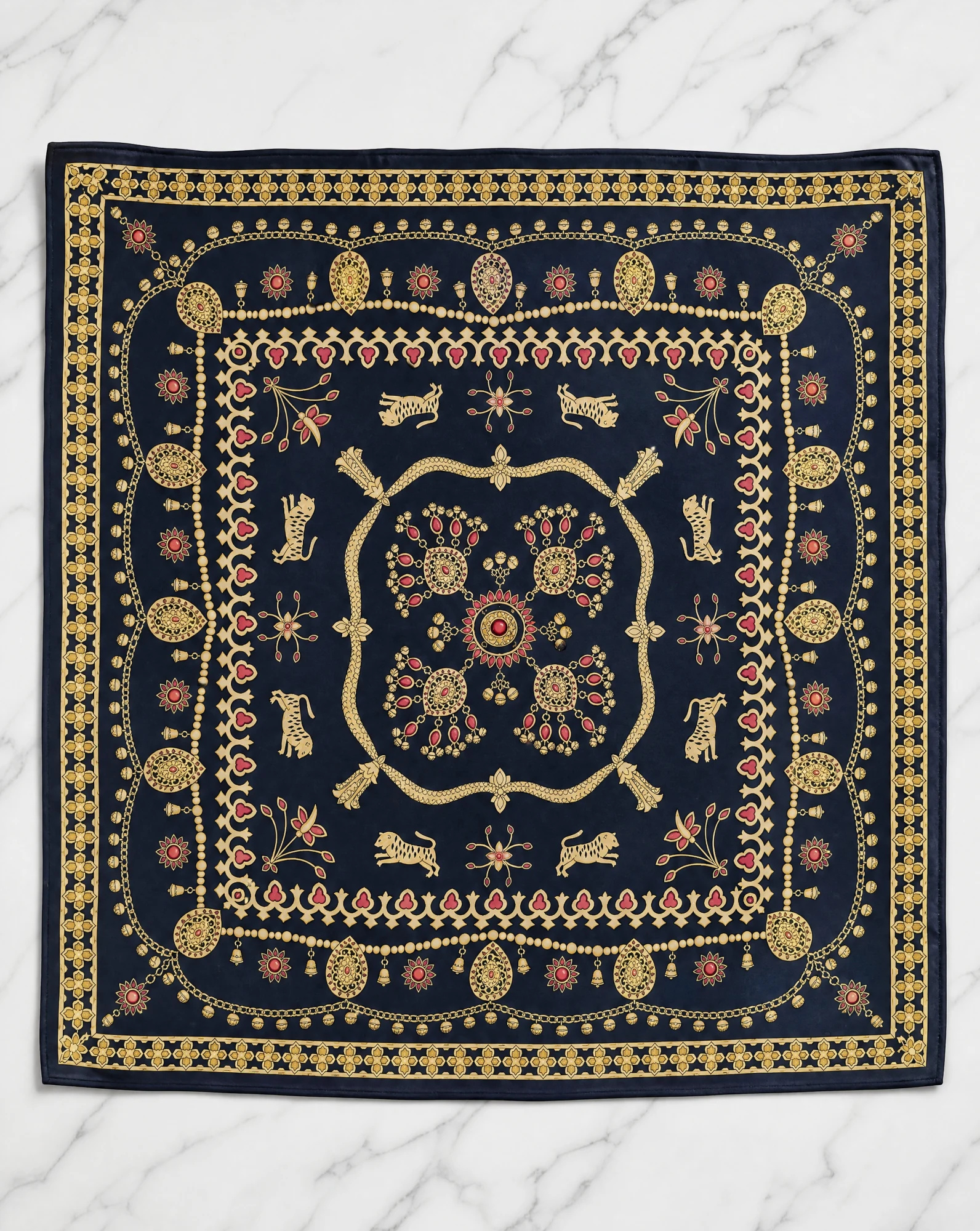 The Regalia Jewel & Tiger Navy Silk Twill Scarf — Deep Navy Antique Gold & Ruby Red Jewel — accessories — VAUDRE numbered luxury