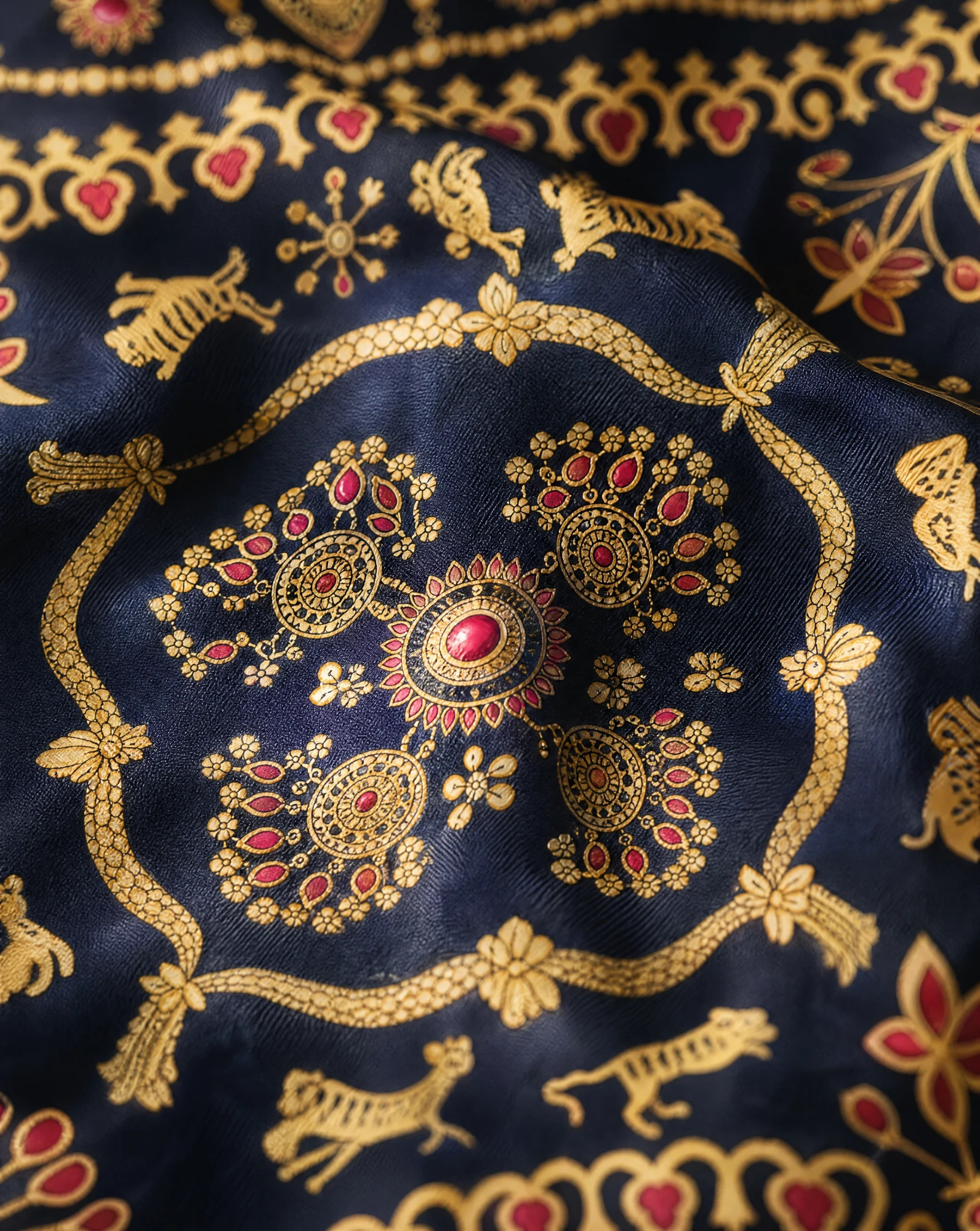 The Regalia Jewel & Tiger Navy Silk Twill Scarf — Deep Navy Antique Gold & Ruby Red Jewel — accessories — VAUDRE numbered luxury — view 4