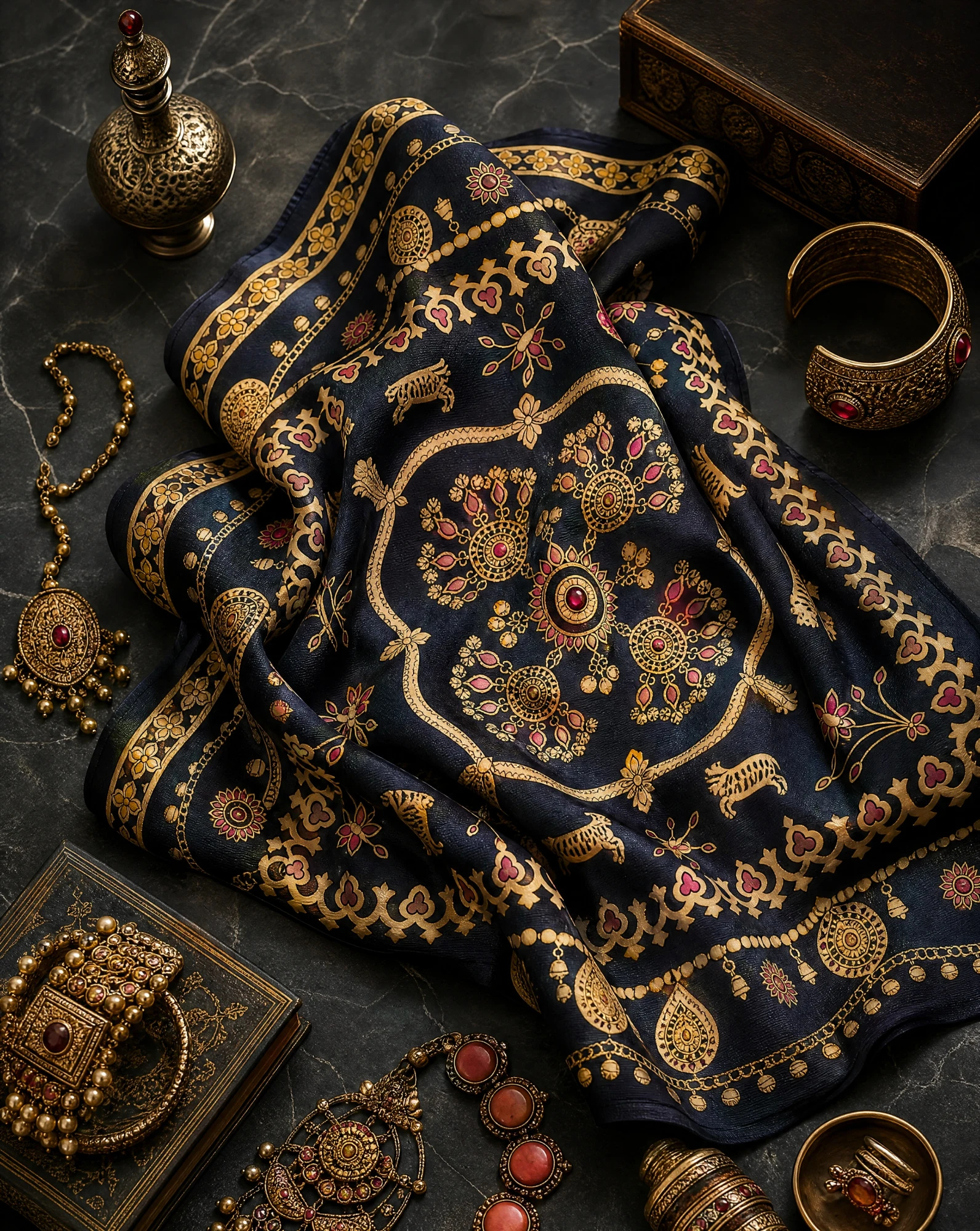 The Regalia Jewel & Tiger Navy Silk Twill Scarf — Deep Navy Antique Gold & Ruby Red Jewel — accessories — VAUDRE numbered luxury — view 5