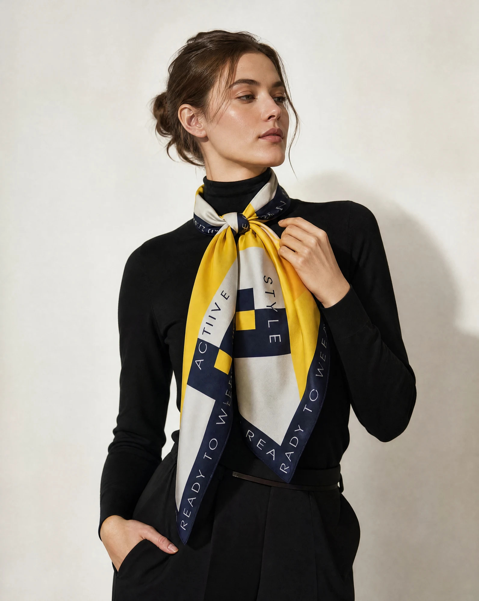 The Active Style Colour-Block Silk Bandana Scarf — Sunflower Yellow Navy & Dove Grey Colou — accessories — VAUDRE numbered luxury — view 2