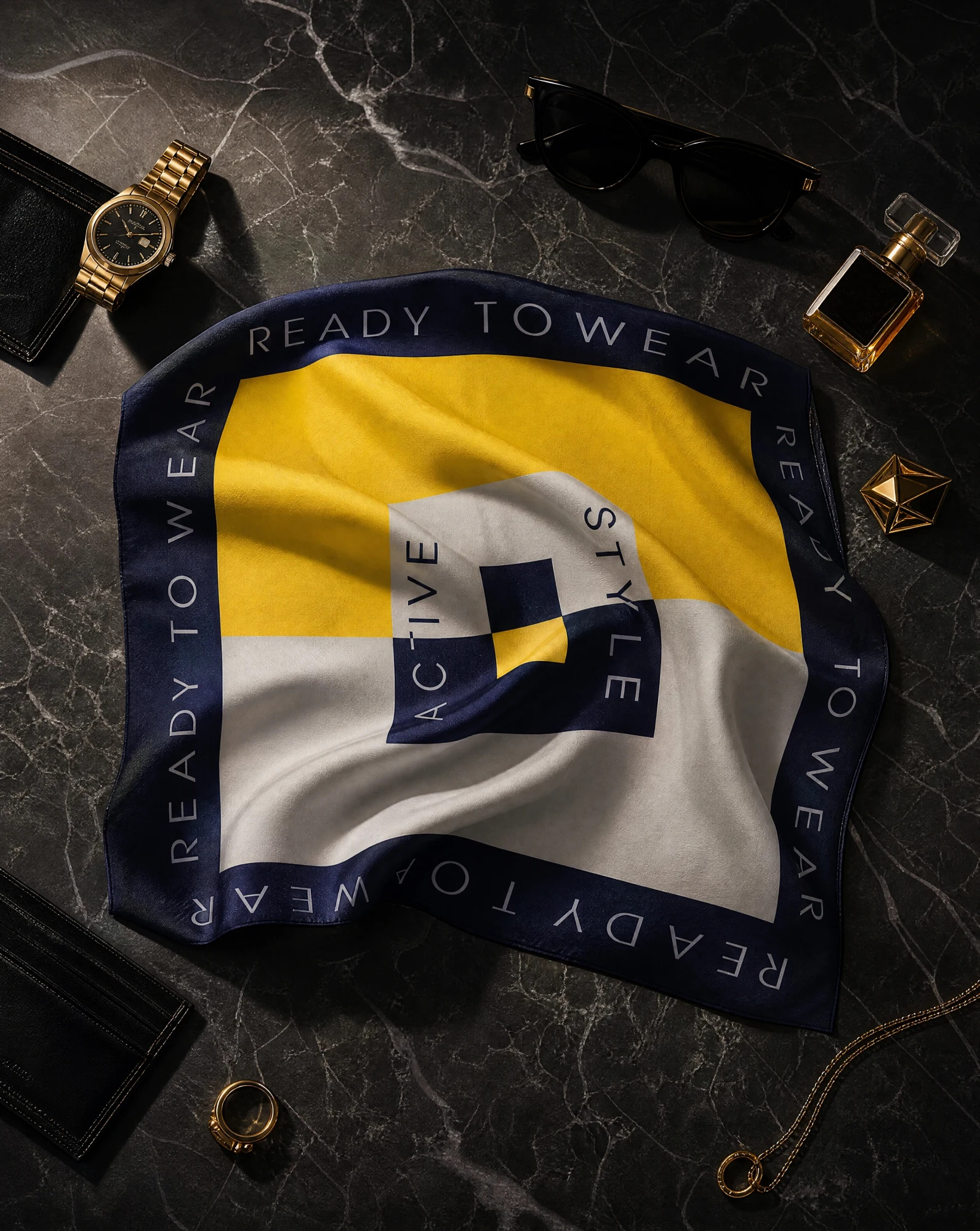 The Active Style Colour-Block Silk Bandana Scarf — Sunflower Yellow Navy & Dove Grey Colou — accessories — VAUDRE numbered luxury — view 4