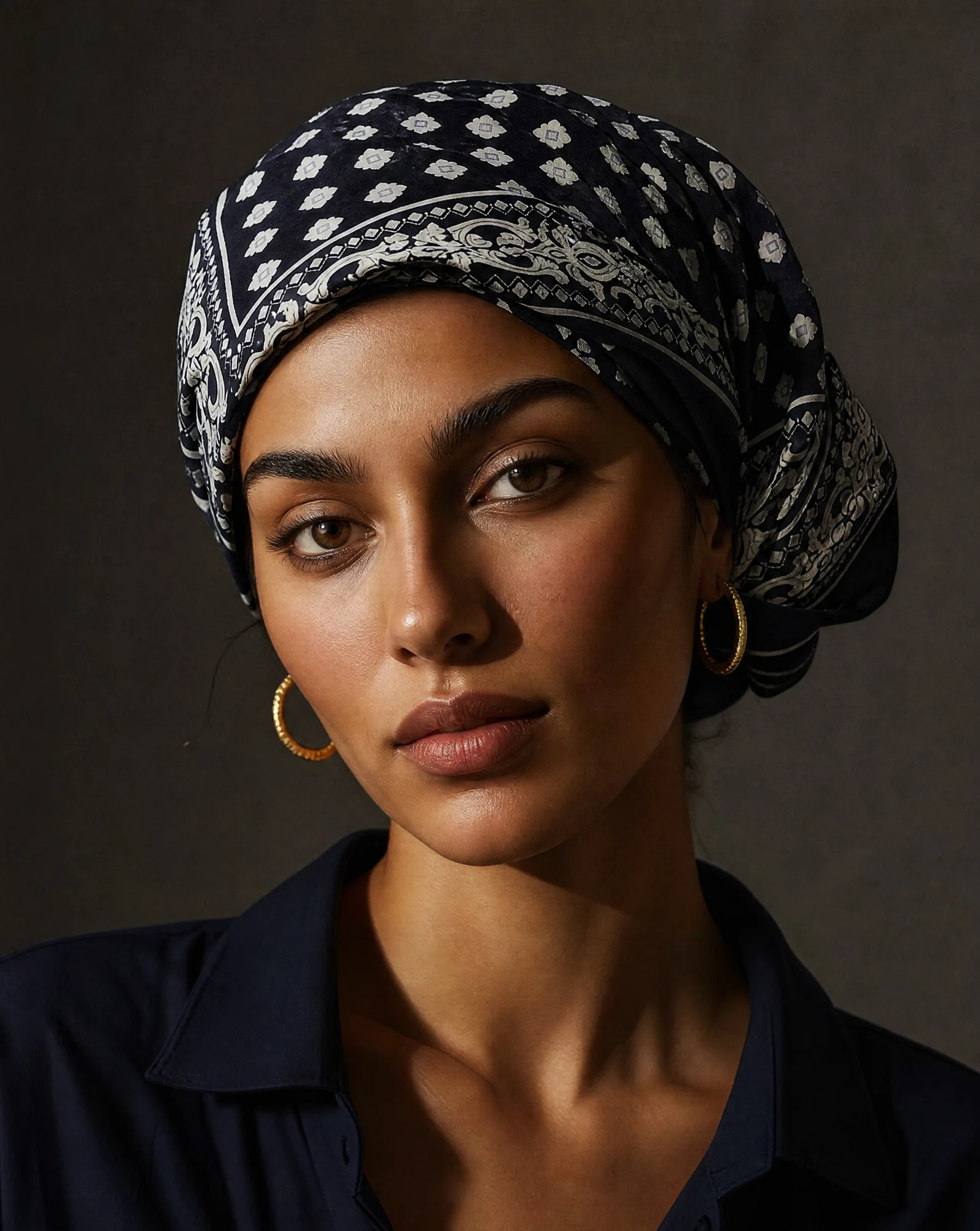 The Indigo Foulard Diamond Silk Bandana Scarf — Deep Indigo Navy & Ivory Foulard Diamond — accessories — VAUDRE numbered luxury — view 2