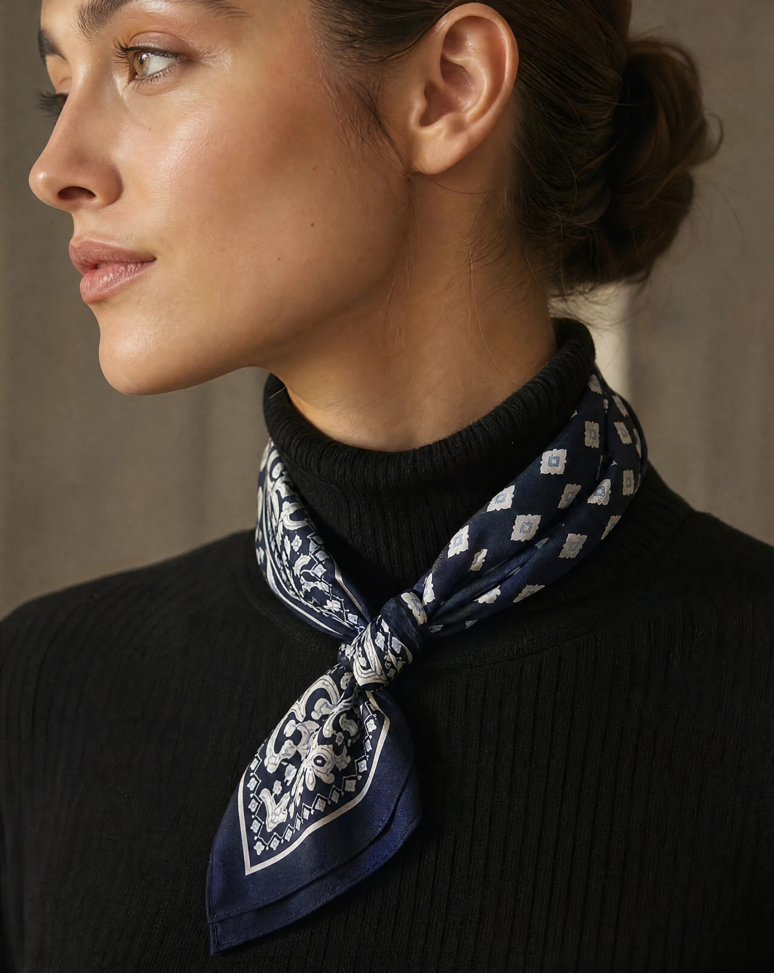 The Indigo Foulard Diamond Silk Bandana Scarf — Deep Indigo Navy & Ivory Foulard Diamond — accessories — VAUDRE numbered luxury — view 3