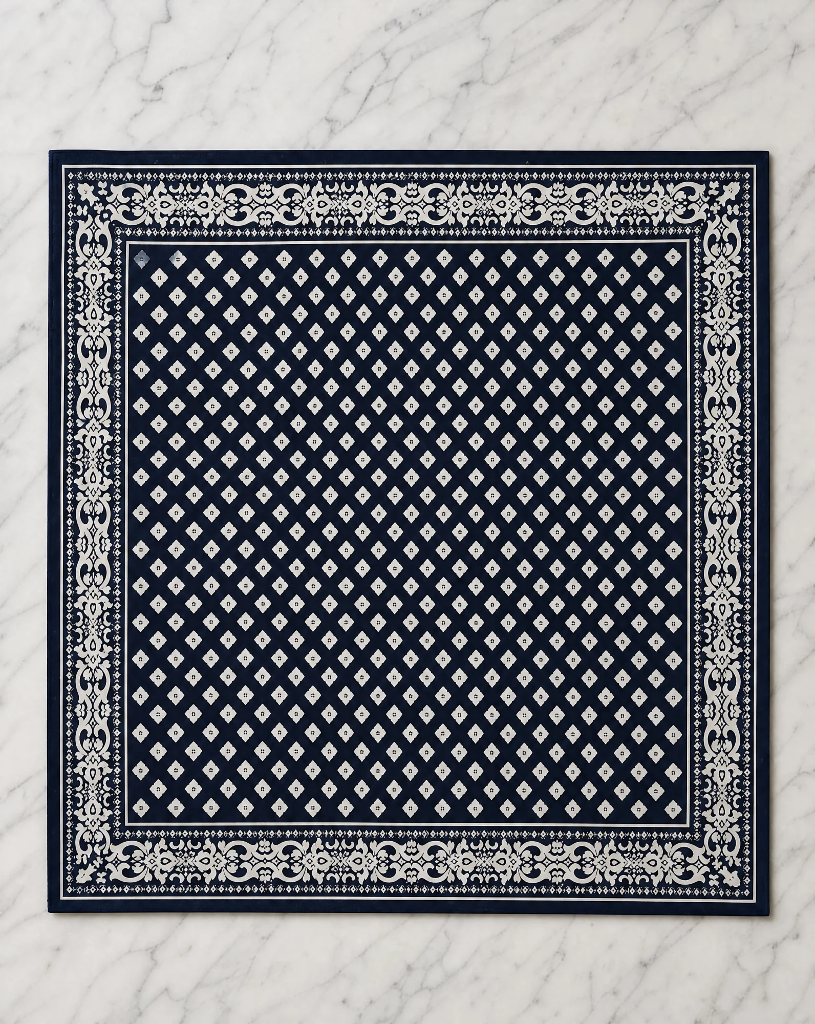The Indigo Foulard Diamond Silk Bandana Scarf — Deep Indigo Navy & Ivory Foulard Diamond — accessories — VAUDRE numbered luxury