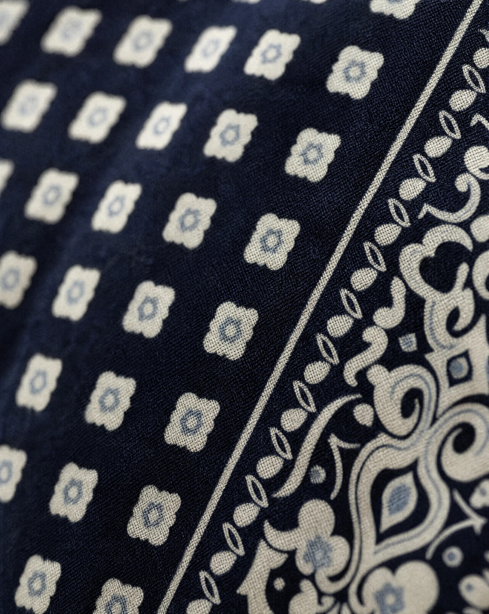 The Indigo Foulard Diamond Silk Bandana Scarf — Deep Indigo Navy & Ivory Foulard Diamond — accessories — VAUDRE numbered luxury — view 4