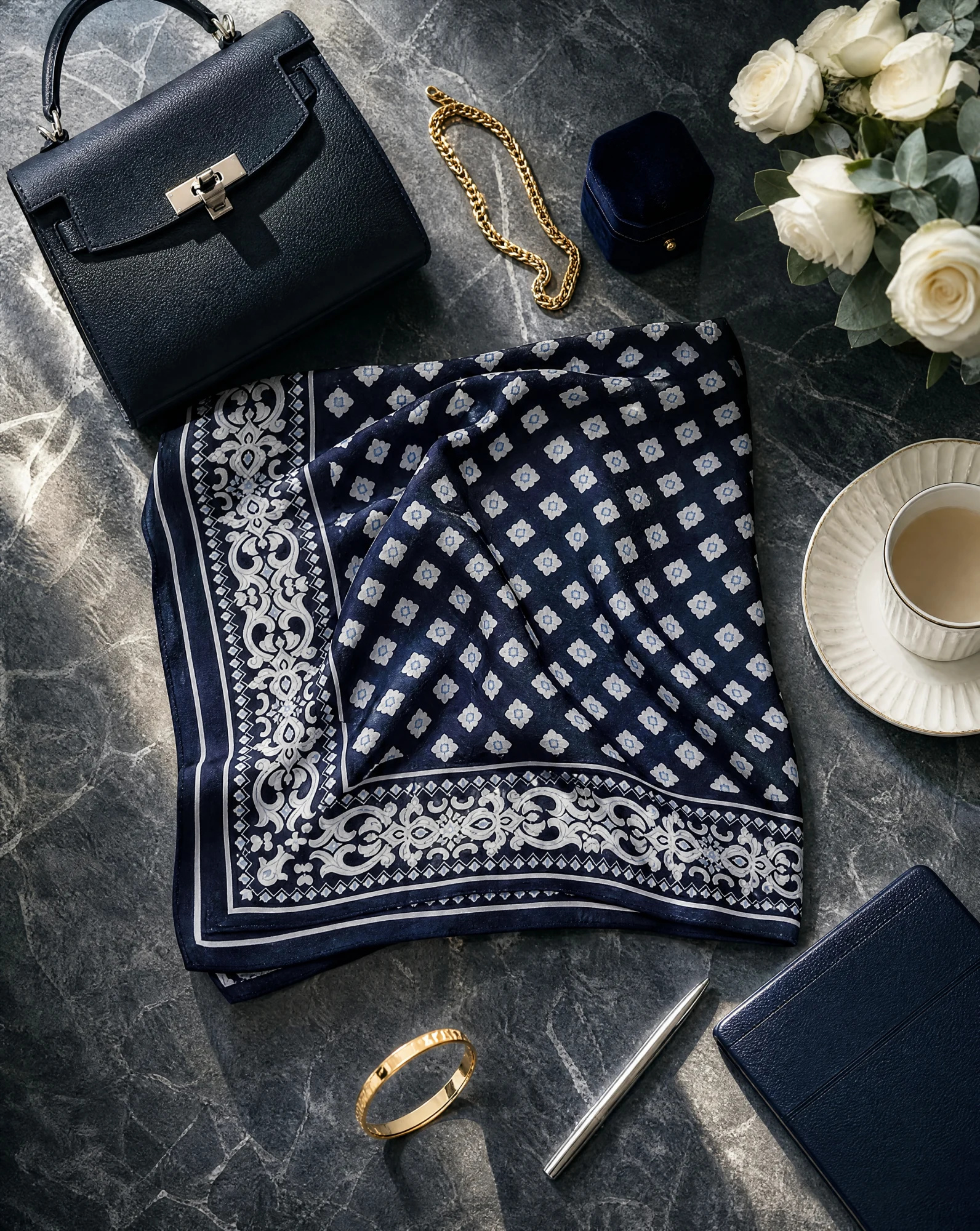 The Indigo Foulard Diamond Silk Bandana Scarf — Deep Indigo Navy & Ivory Foulard Diamond — accessories — VAUDRE numbered luxury — view 5