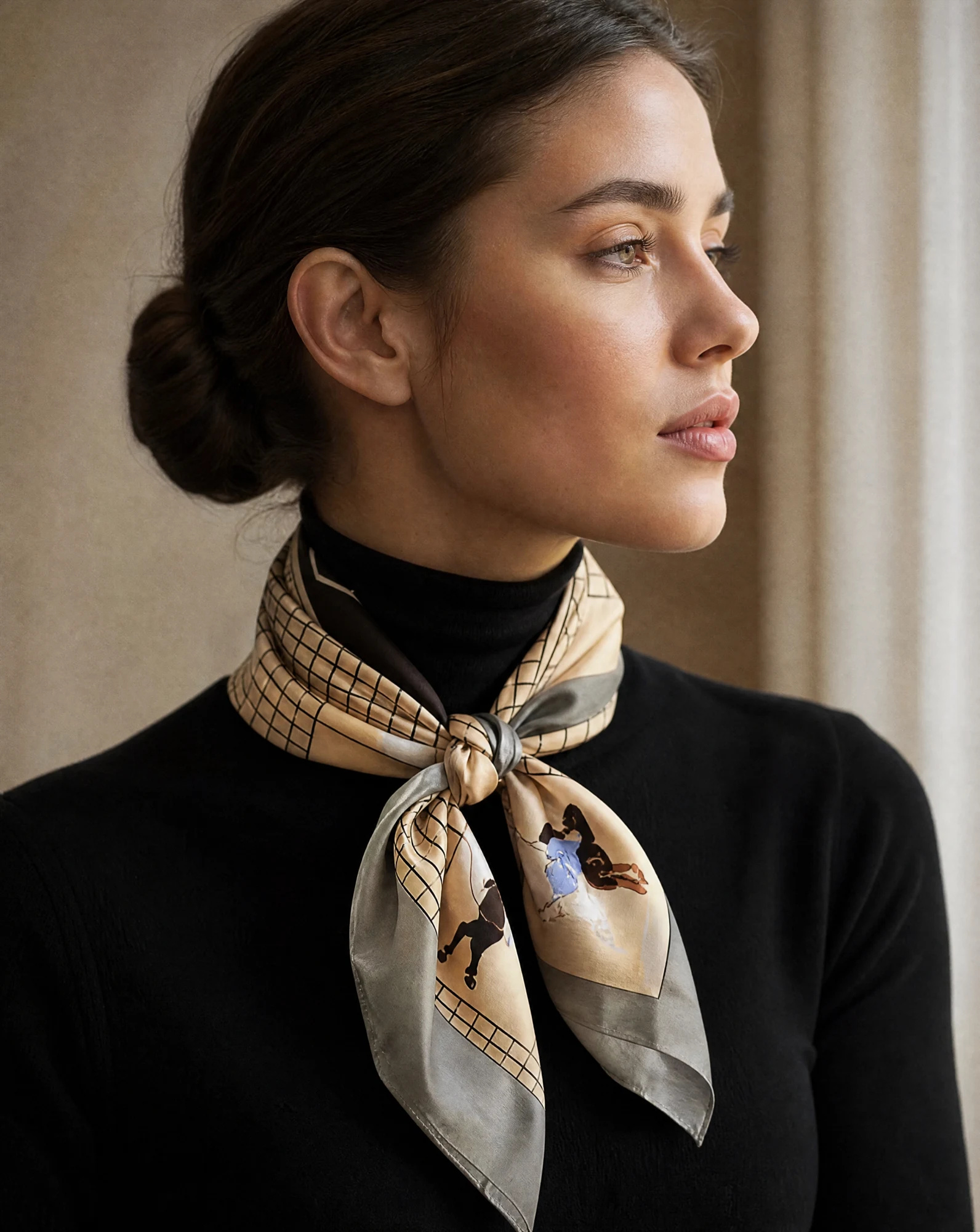 The Equestrian Dressage Silk Twill Scarf — Cream Charcoal Grey & Powder Blue Eques — accessories — VAUDRE numbered luxury — view 2