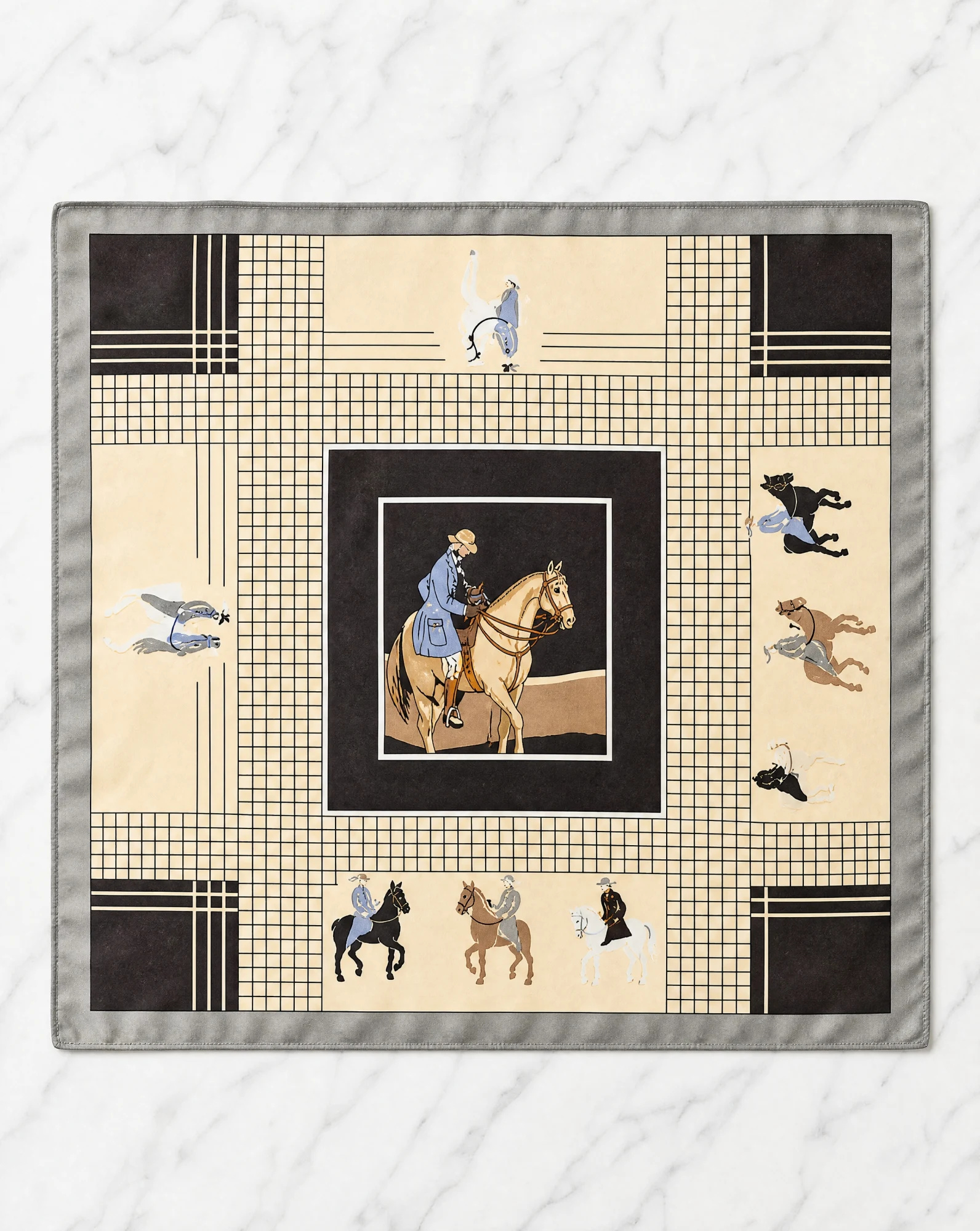 The Equestrian Dressage Silk Twill Scarf — Cream Charcoal Grey & Powder Blue Eques — accessories — VAUDRE numbered luxury