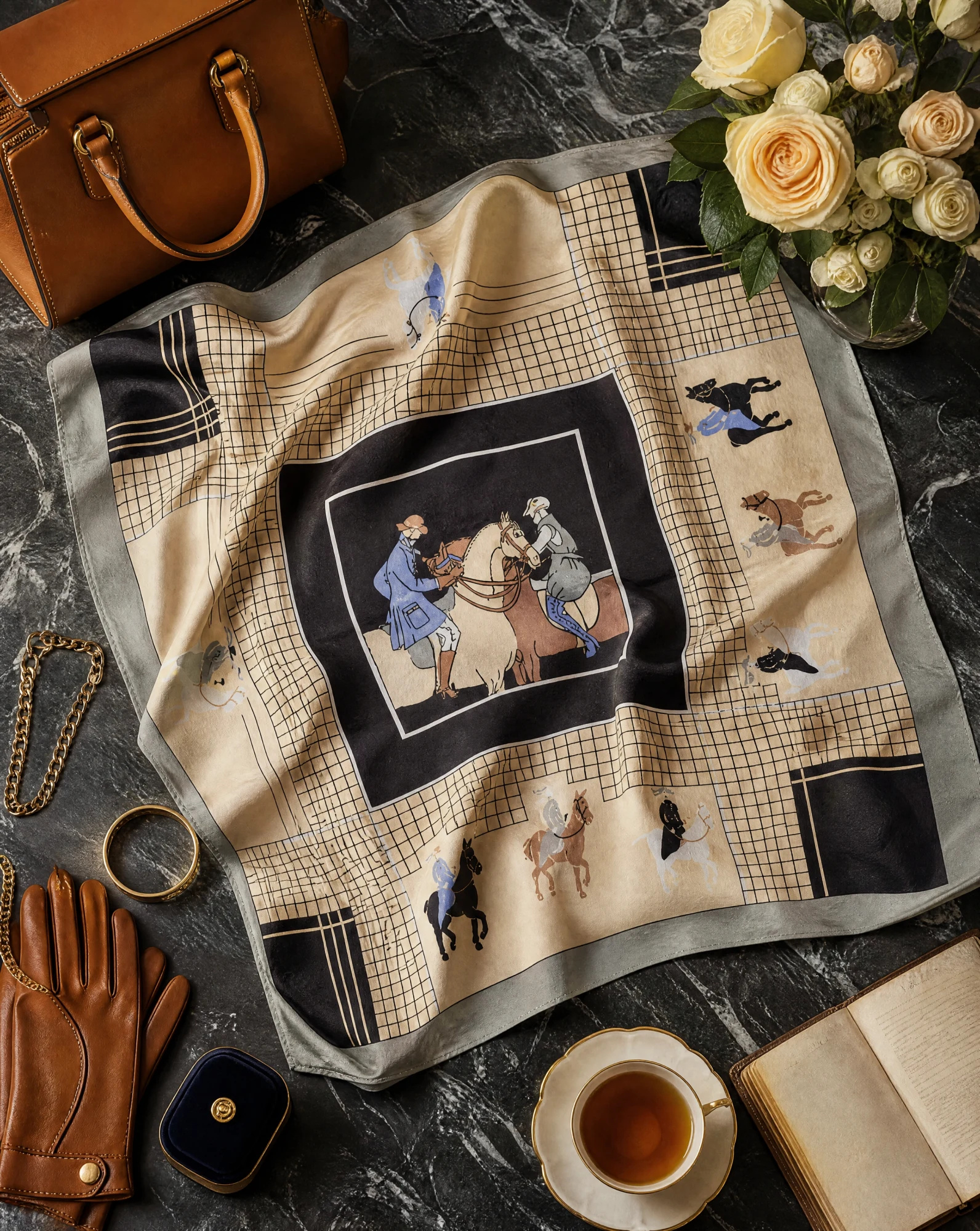 The Equestrian Dressage Silk Twill Scarf — Cream Charcoal Grey & Powder Blue Eques — accessories — VAUDRE numbered luxury — view 5