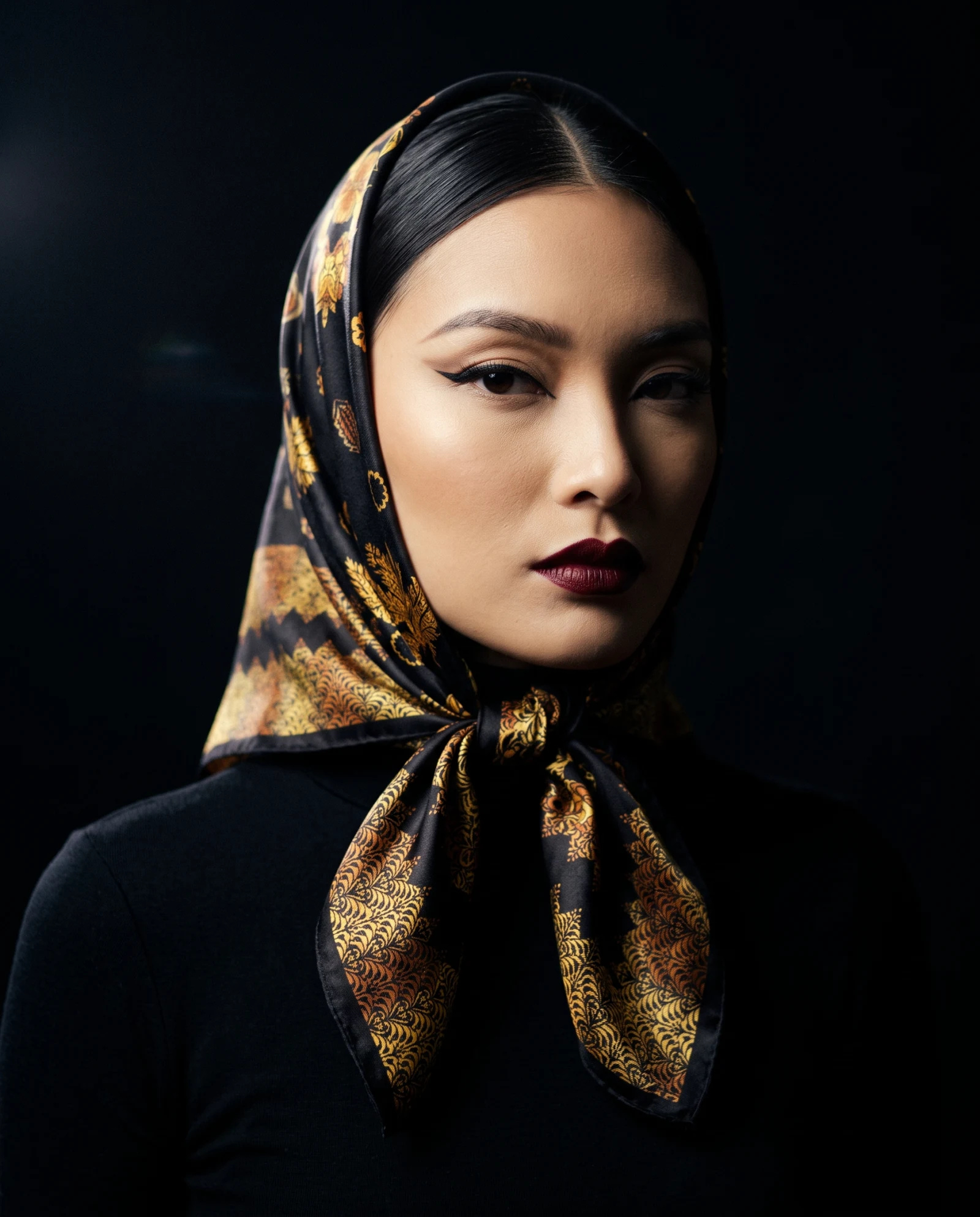 The Autumn Bloom Damask Black & Gold Silk Scarf — Jet Black Marigold Gold & Amber Bloom — accessories — VAUDRE numbered luxury — view 2