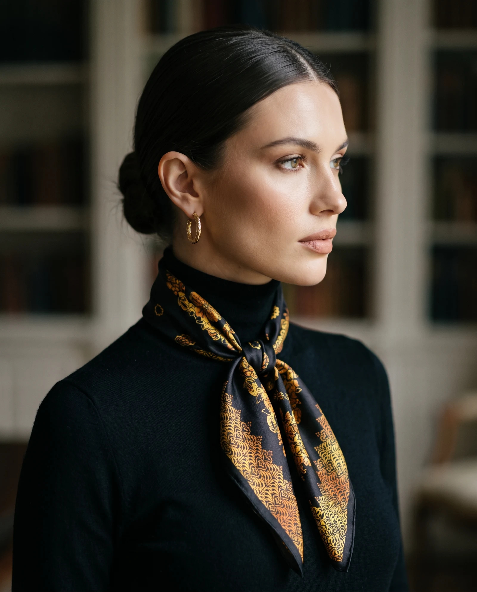 The Autumn Bloom Damask Black & Gold Silk Scarf — Jet Black Marigold Gold & Amber Bloom — accessories — VAUDRE numbered luxury — view 3