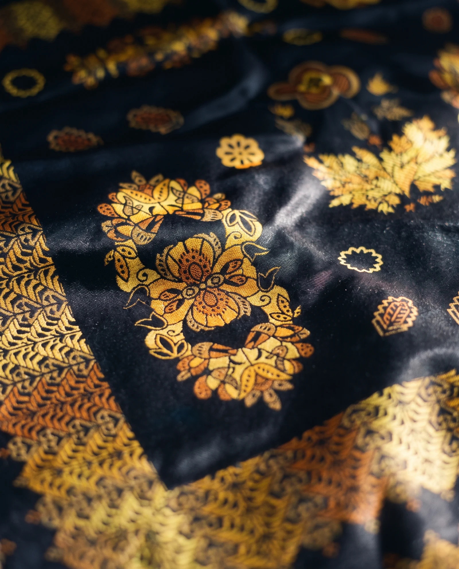 The Autumn Bloom Damask Black & Gold Silk Scarf — Jet Black Marigold Gold & Amber Bloom — accessories — VAUDRE numbered luxury — view 5