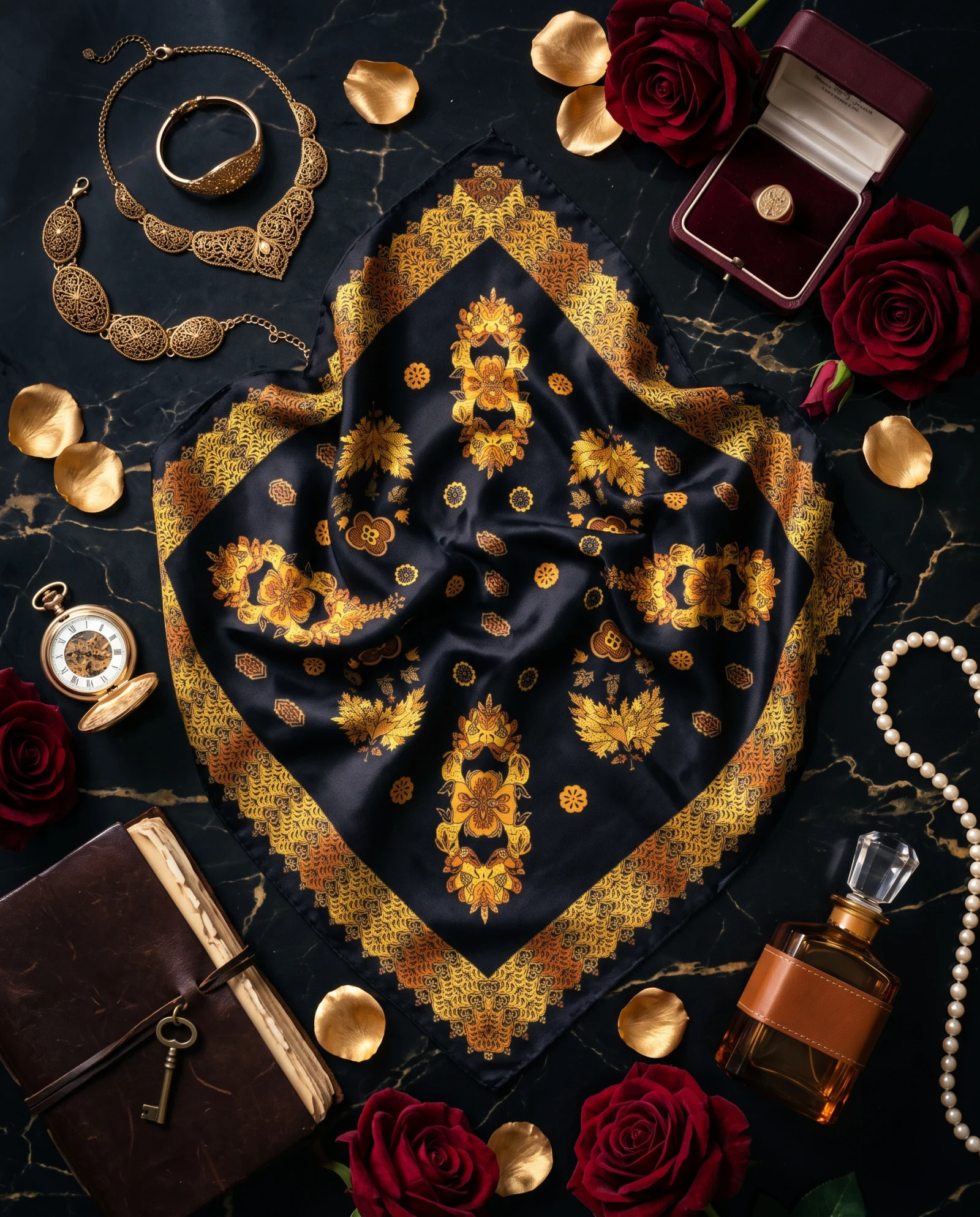 The Autumn Bloom Damask Black & Gold Silk Scarf — Jet Black Marigold Gold & Amber Bloom — accessories — VAUDRE numbered luxury — view 4