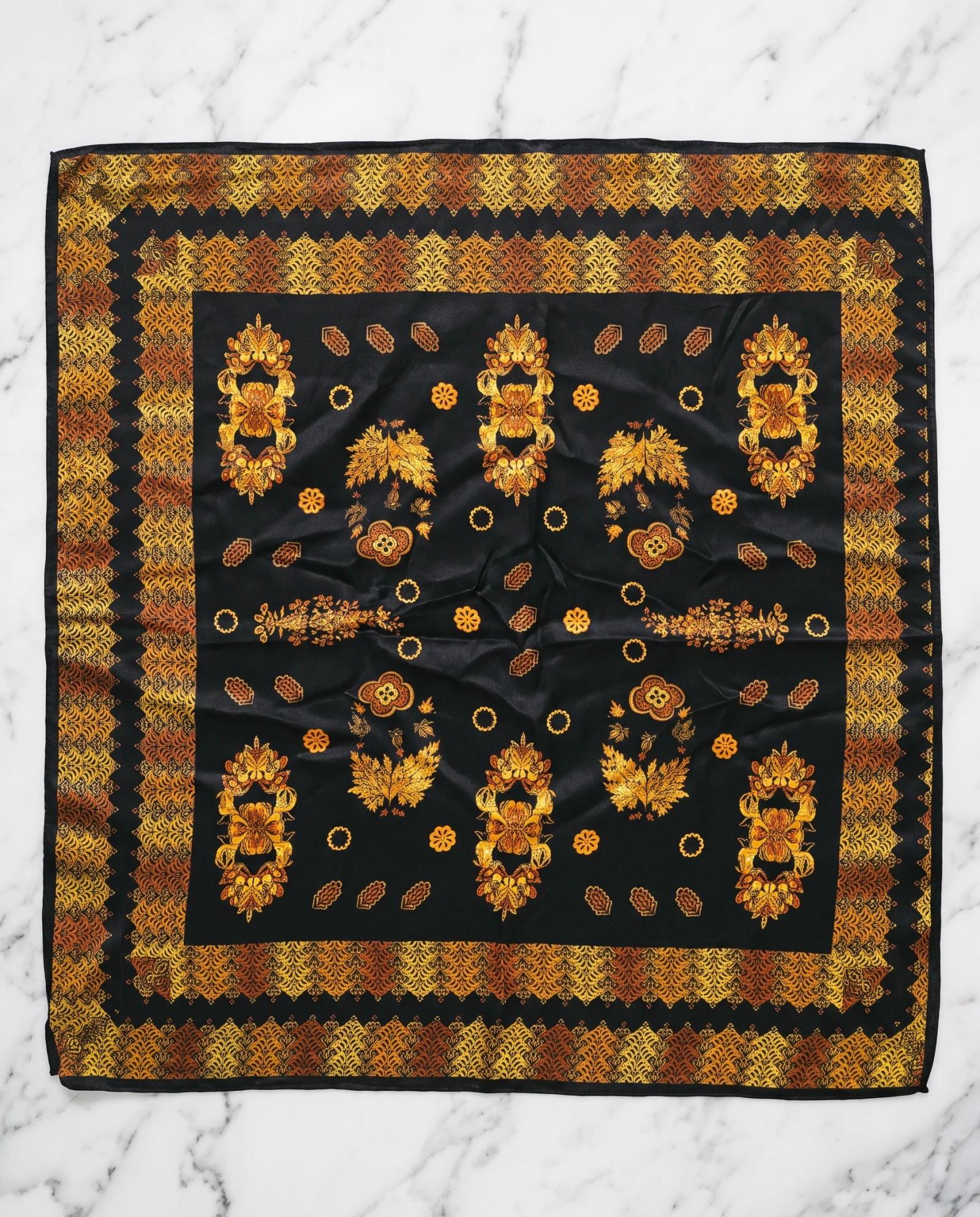 The Autumn Bloom Damask Black & Gold Silk Scarf — Jet Black Marigold Gold & Amber Bloom — accessories — VAUDRE numbered luxury
