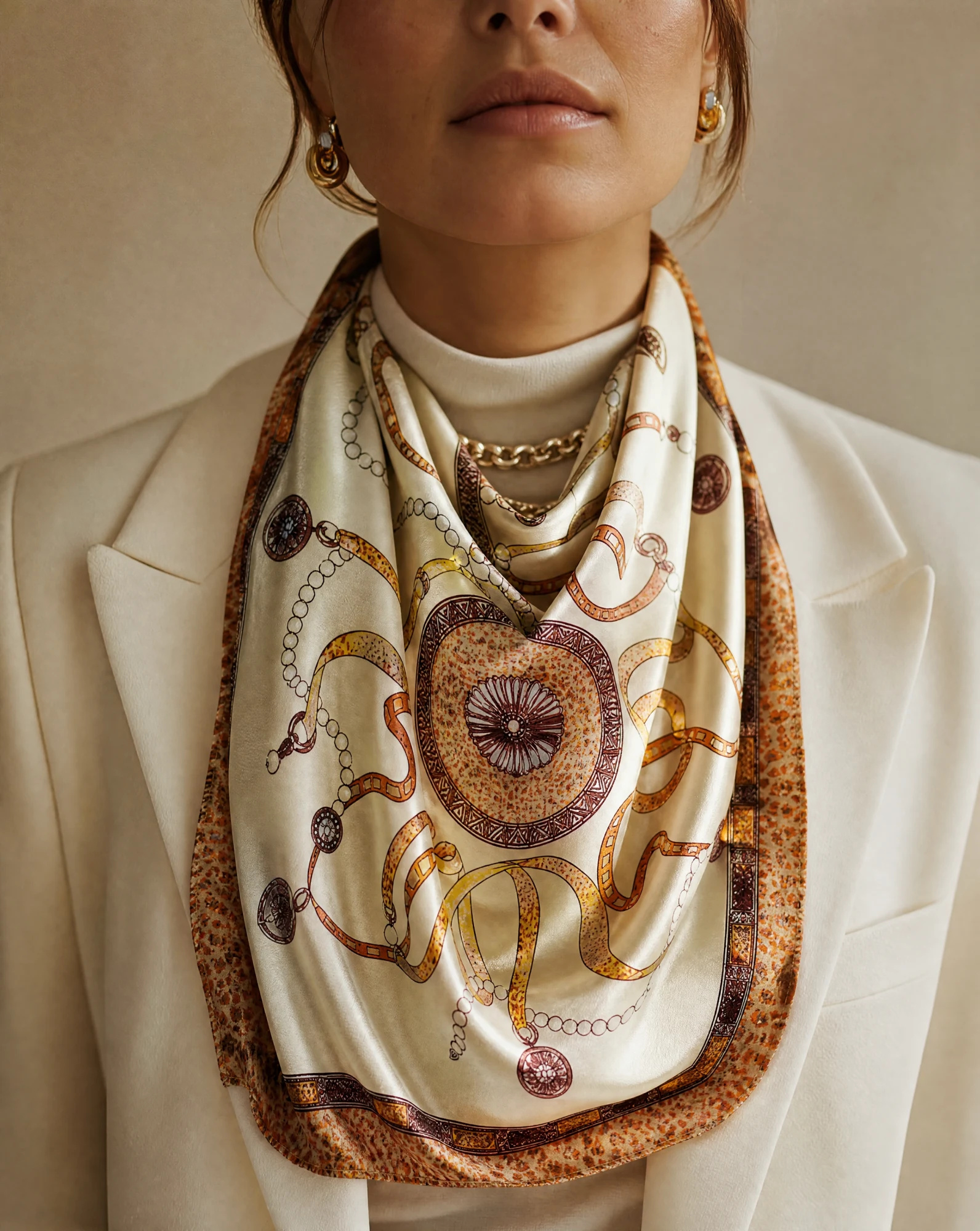 The Belt & Chain Leopard Cream Silk Foulard Scarf — Ivory Cream Camel & Leopard Belt-and-Ch — accessories — VAUDRE numbered luxury — view 2