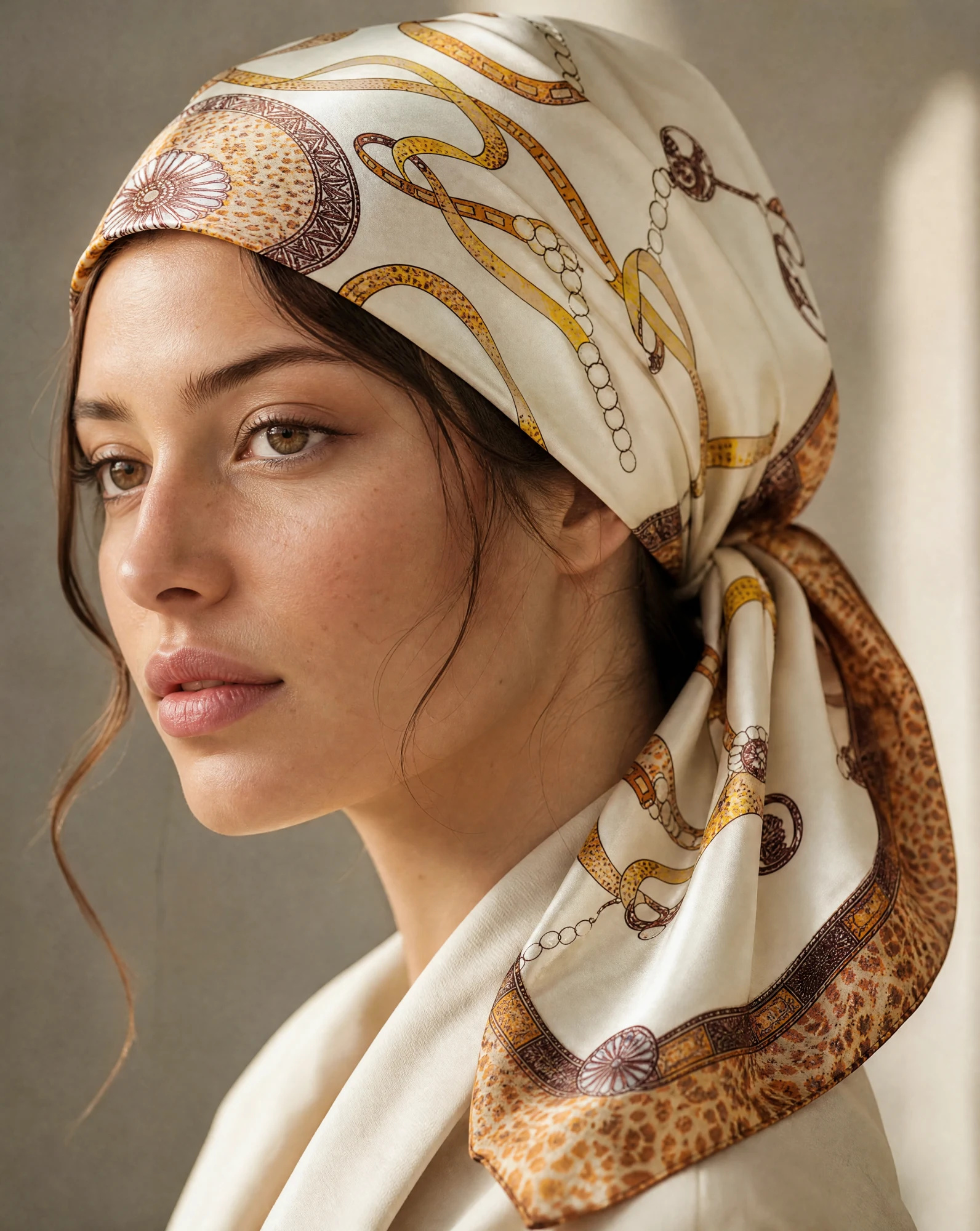 The Belt & Chain Leopard Cream Silk Foulard Scarf — Ivory Cream Camel & Leopard Belt-and-Ch — accessories — VAUDRE numbered luxury — view 3
